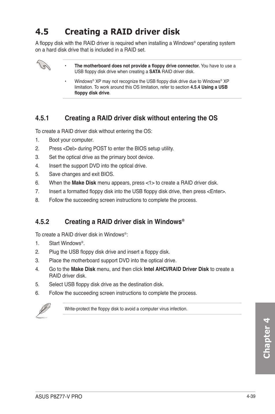 5 creating a raid driver disk, 2 creating a raid driver disk in windows, Creating a raid driver disk -39 4.5.1 | Creating a raid driver disk in windows, Chapter 4 4.5 creating a raid driver disk | Asus P8Z77-V User Manual | Page 153 / 174