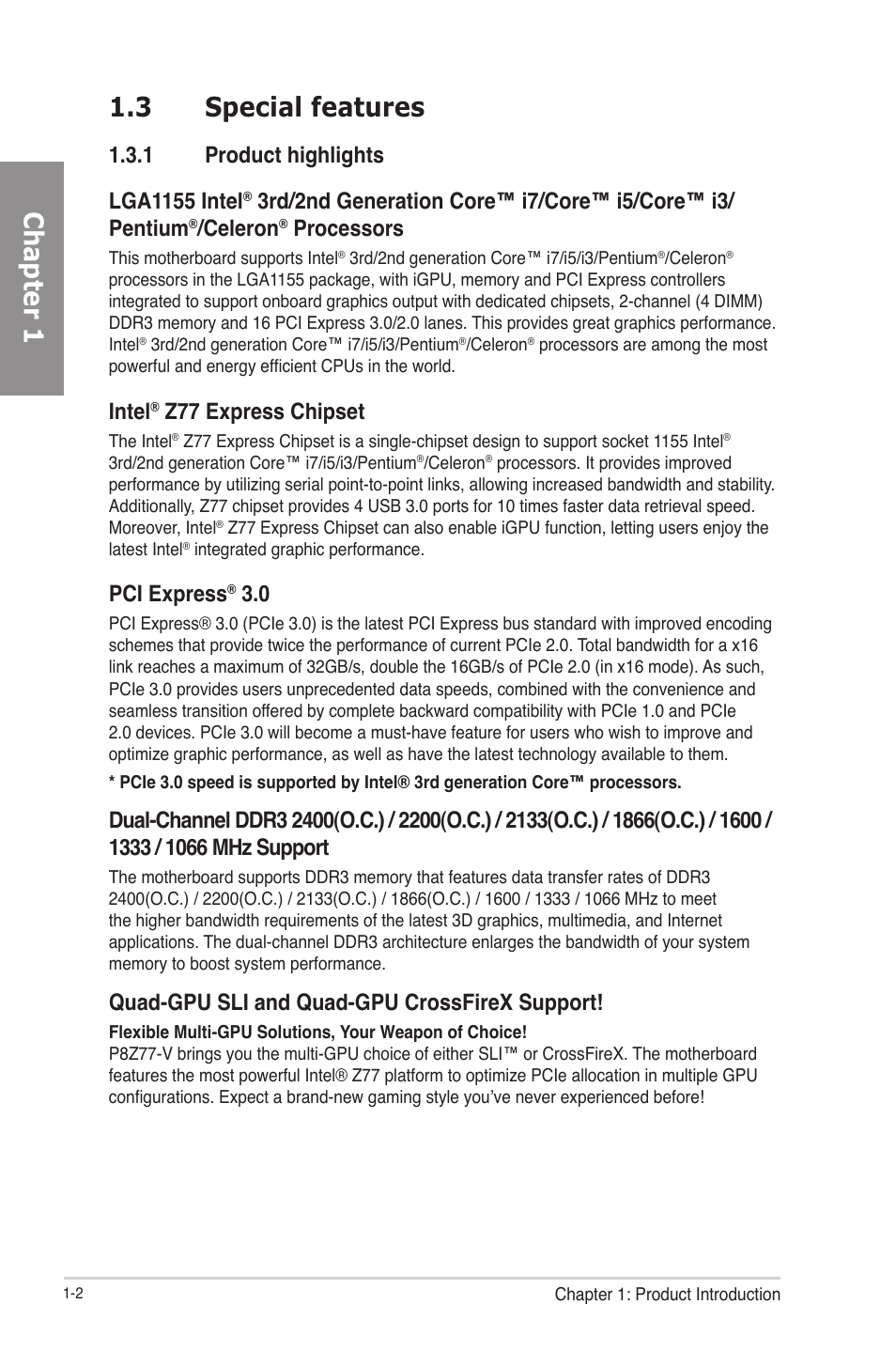 3 special features, 1 product highlights, Special features -2 1.3.1 | Product highlights -2, Chapter 1 1.3 special features, Celeron, Processors, Intel, Z77 express chipset, Pci express | Asus P8Z77-V User Manual | Page 16 / 174