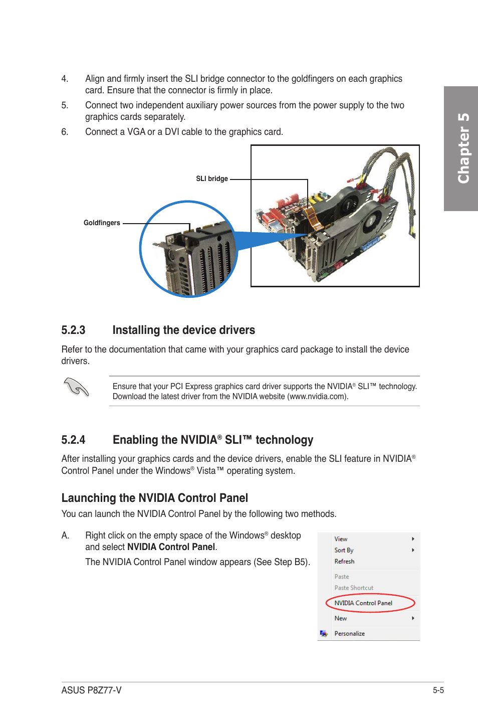 3 installing the device drivers, 4 enabling the nvidia® sli™ technology, Installing the device drivers -5 | Enabling the nvidia, Sli™ technology -5, Chapter 5, 4 enabling the nvidia, Sli™ technology, Launching the nvidia control panel | Asus P8Z77-V User Manual | Page 161 / 174