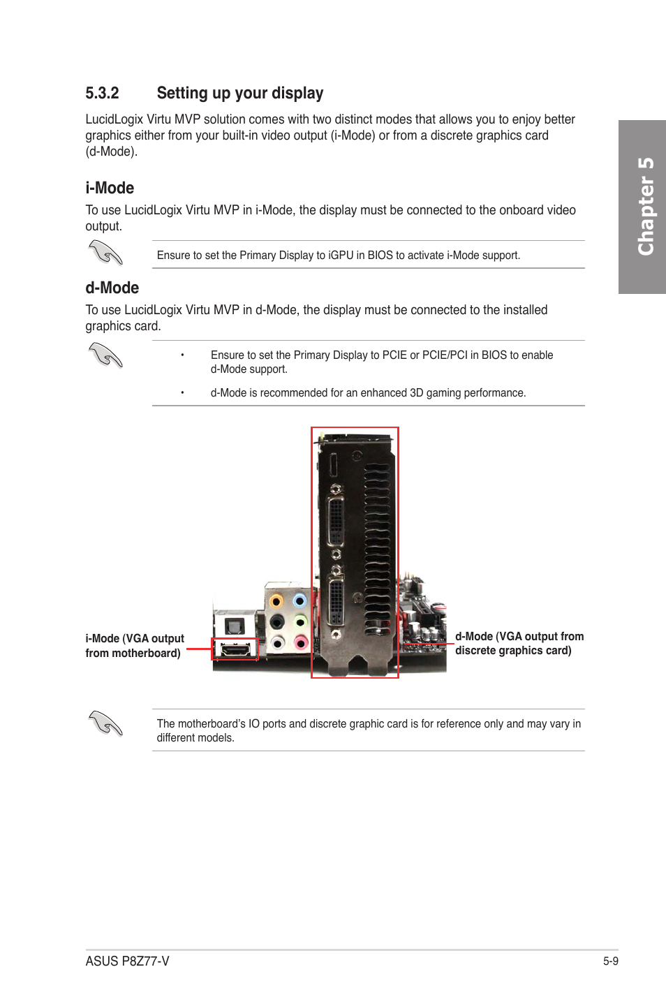 2 setting up your display, Setting up your display -9, Chapter 5 | I-mode, D-mode | Asus P8Z77-V User Manual | Page 165 / 174