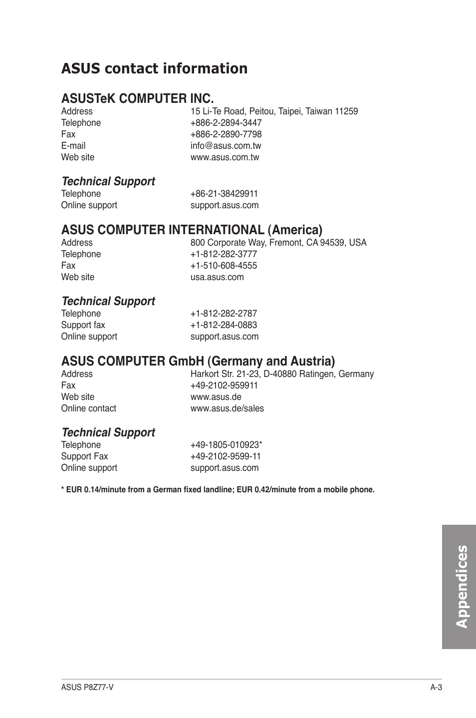 Ap pendices asus contact information, Asustek computer inc, Asus computer international (america) | Asus computer gmbh (germany and austria), Technical support | Asus P8Z77-V User Manual | Page 171 / 174