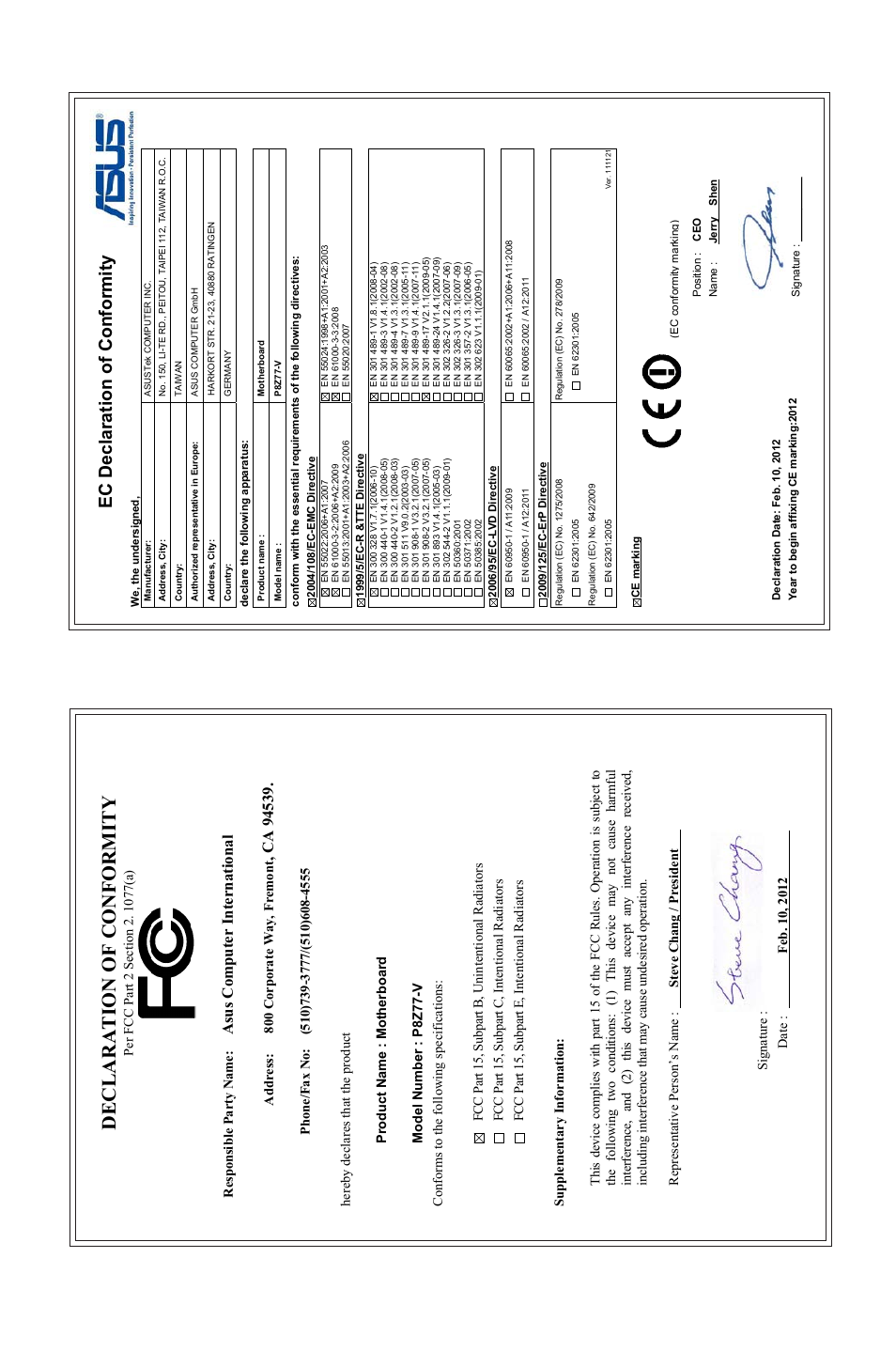 Declaration of conformity, Ec declaration of conformity, Asu s c om pu te r in te rn at io na l | Asus P8Z77-V User Manual | Page 174 / 174