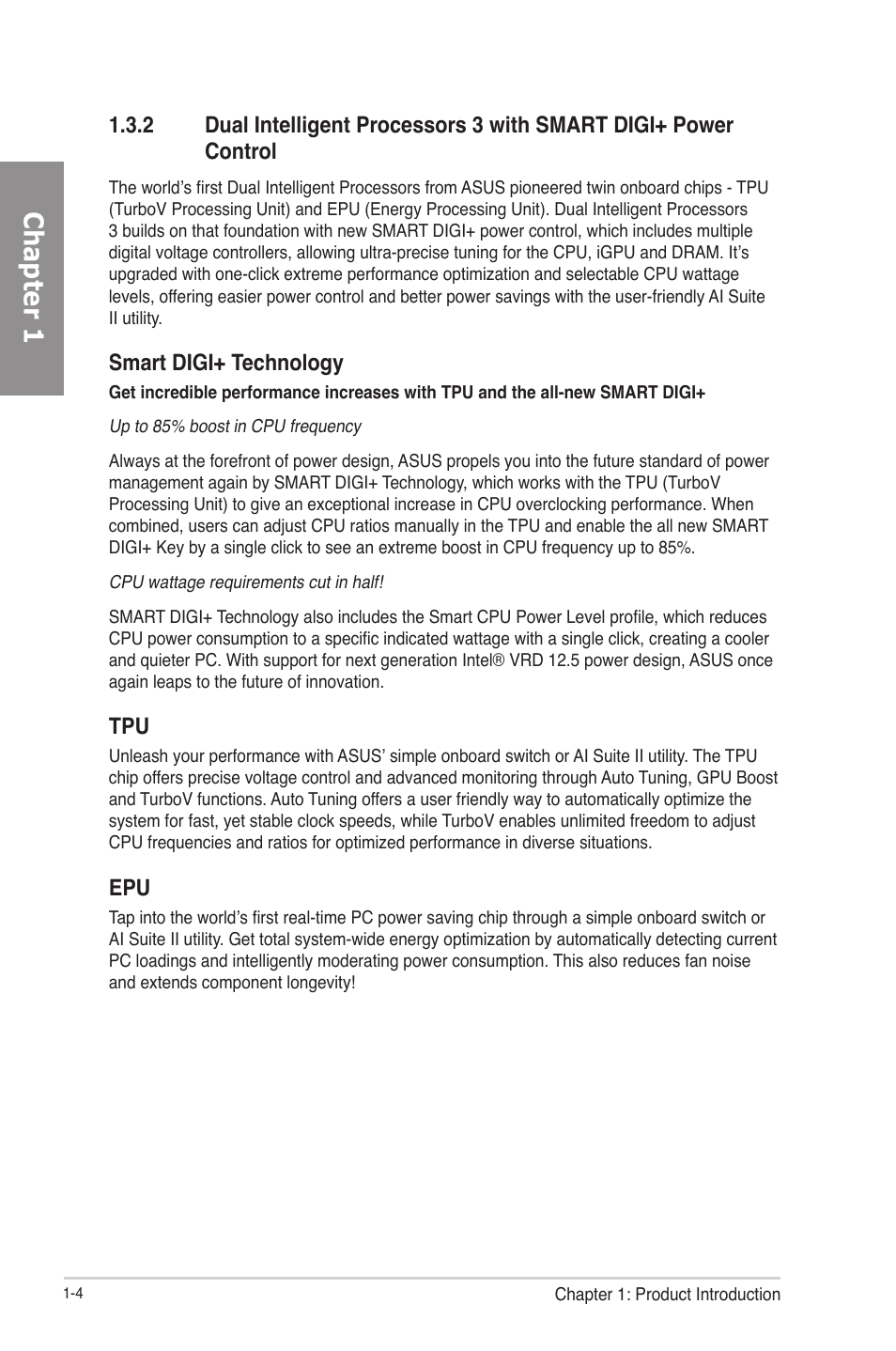 Chapter 1, Smart digi+ technology | Asus P8Z77-V User Manual | Page 18 / 174