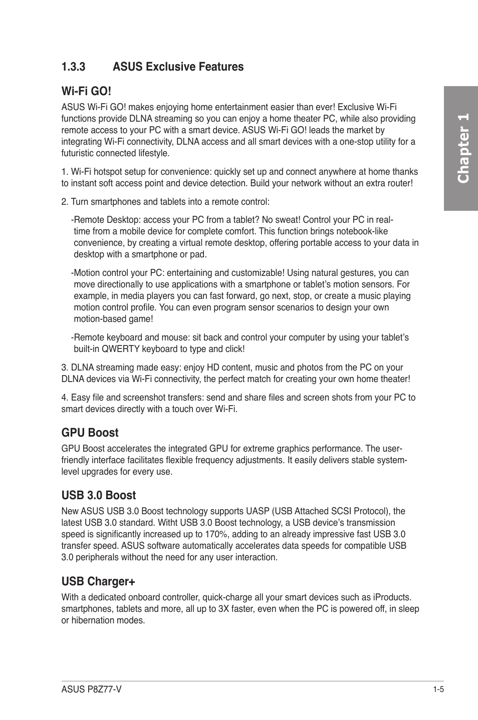 3 asus exclusive features, Asus exclusive features -5, Chapter 1 | 3 asus exclusive features wi-fi go, Gpu boost, Usb 3.0 boost, Usb charger | Asus P8Z77-V User Manual | Page 19 / 174