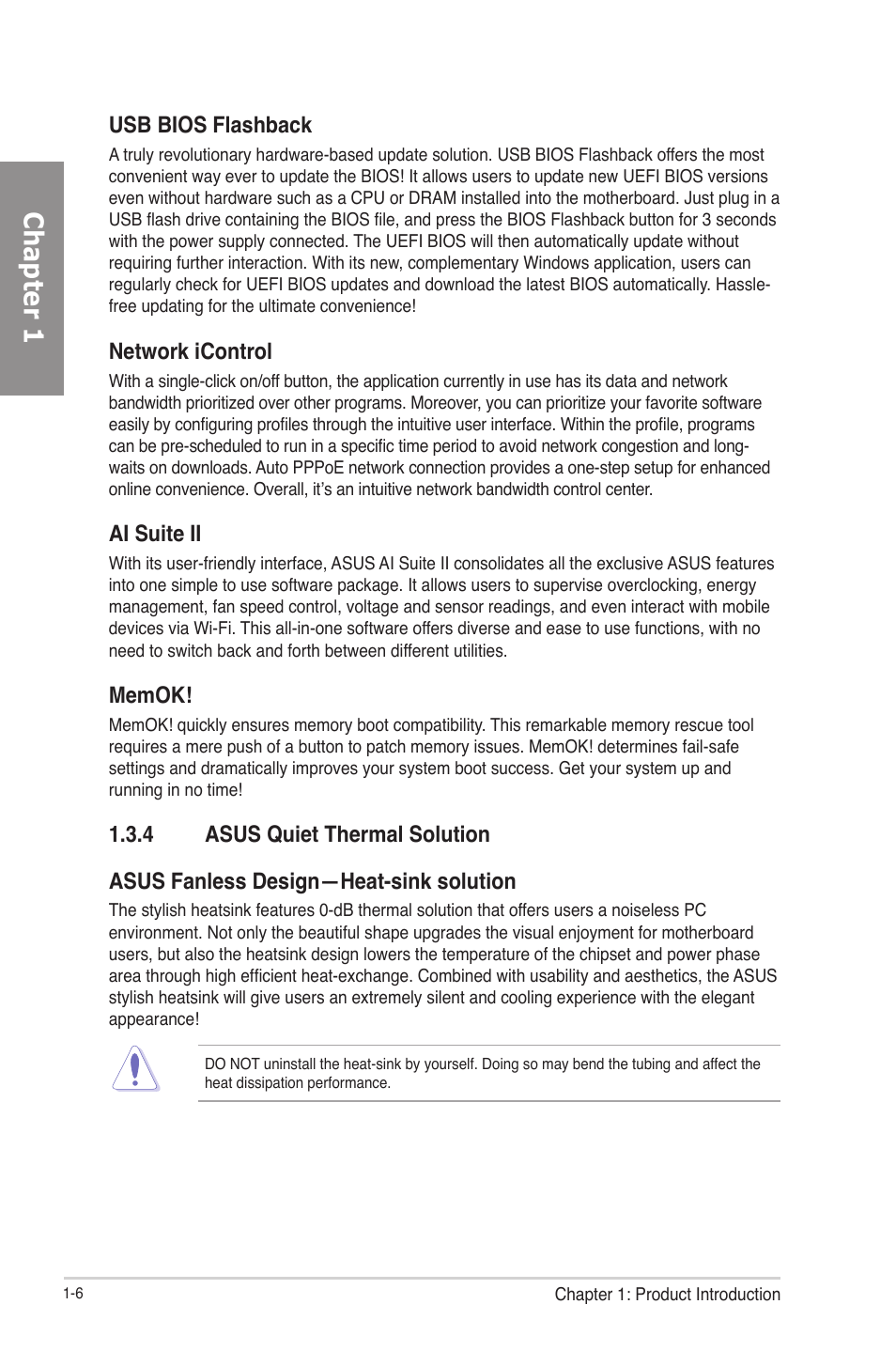 4 asus quiet thermal solution, Asus quiet thermal solution -6, Chapter 1 | Usb bios flashback, Network icontrol, Ai suite ii | Asus P8Z77-V User Manual | Page 20 / 174