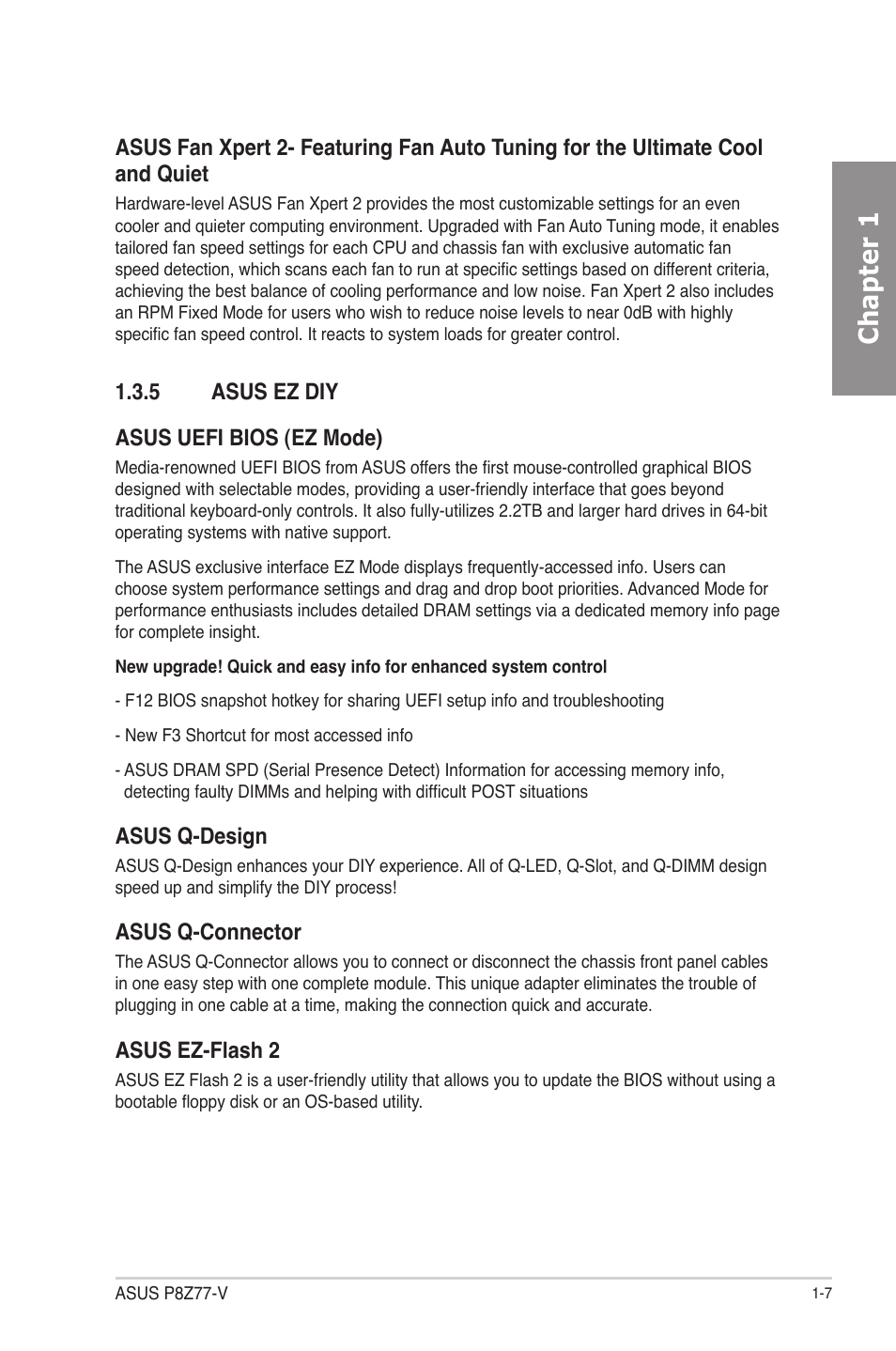 5 asus ez diy, Asus ez diy -7, Chapter 1 | 5 asus ez diy asus uefi bios (ez mode), Asus q-design, Asus q-connector, Asus ez-flash 2 | Asus P8Z77-V User Manual | Page 21 / 174