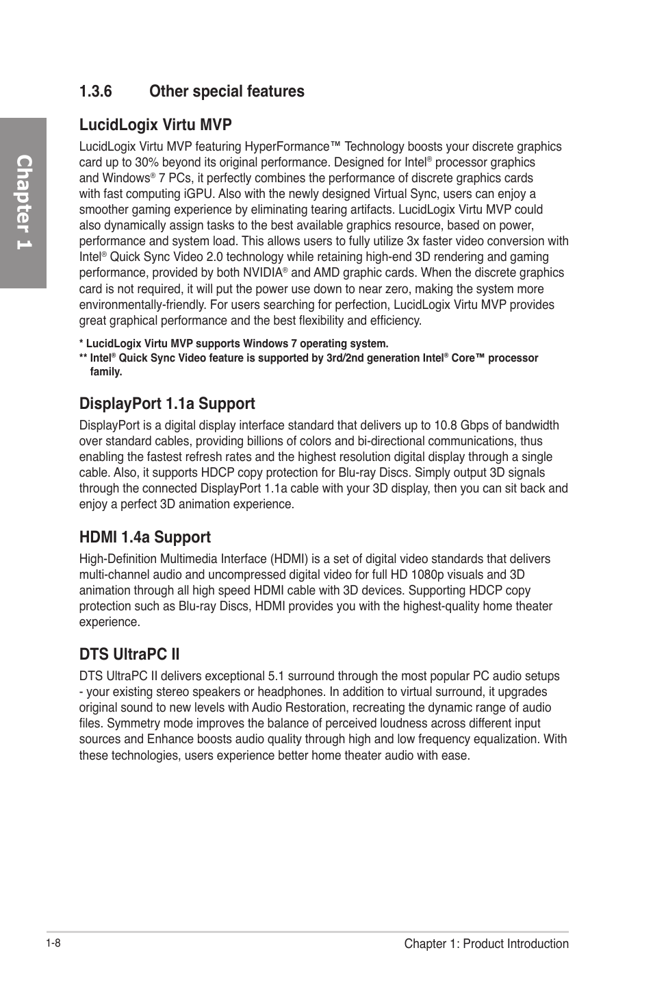 6 other special features, Other special features -8, Chapter 1 | 6 other special features lucidlogix virtu mvp, Displayport 1.1a support, Hdmi 1.4a support, Dts ultrapc ii | Asus P8Z77-V User Manual | Page 22 / 174