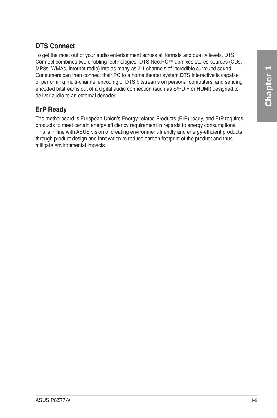 Chapter 1, Dts connect, Erp ready | Asus P8Z77-V User Manual | Page 23 / 174