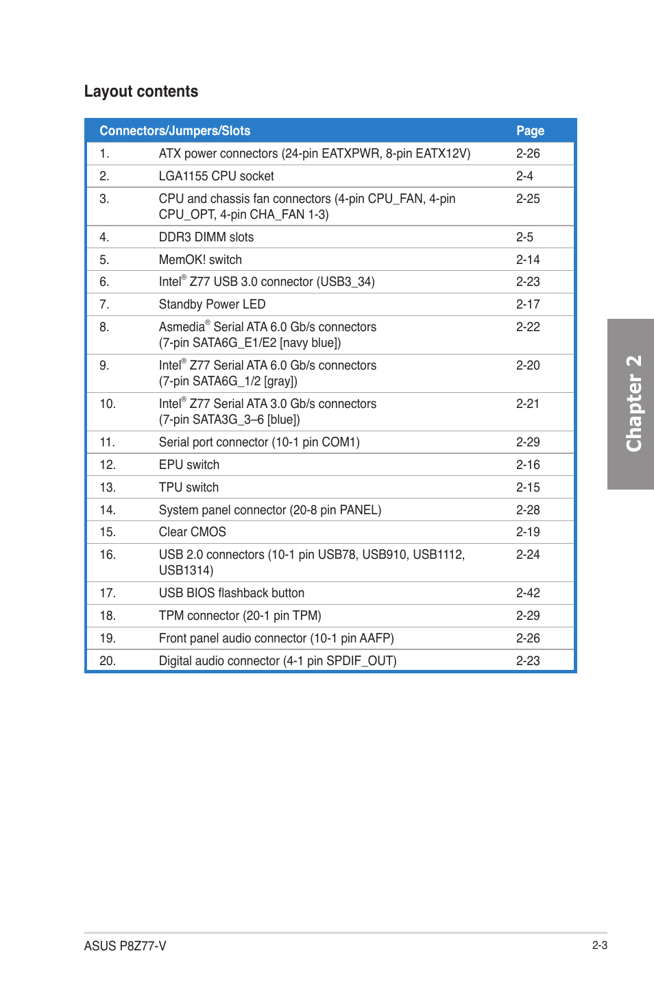 Chapter 2, Layout contents | Asus P8Z77-V User Manual | Page 27 / 174