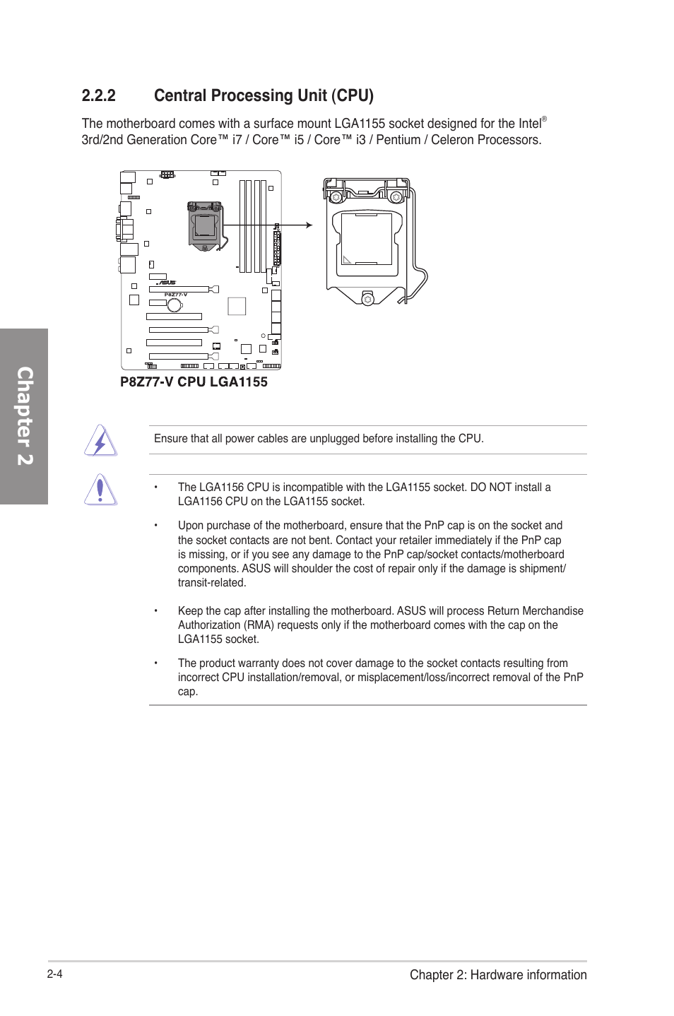 2 central processing unit (cpu), Central processing unit (cpu) -4, Chapter 2 | Asus P8Z77-V User Manual | Page 28 / 174