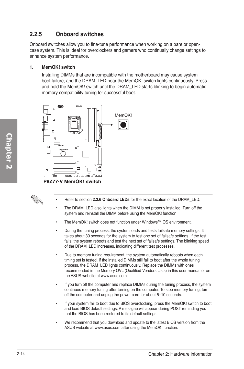 5 onboard switches, Onboard switches -14, Chapter 2 | Asus P8Z77-V User Manual | Page 38 / 174