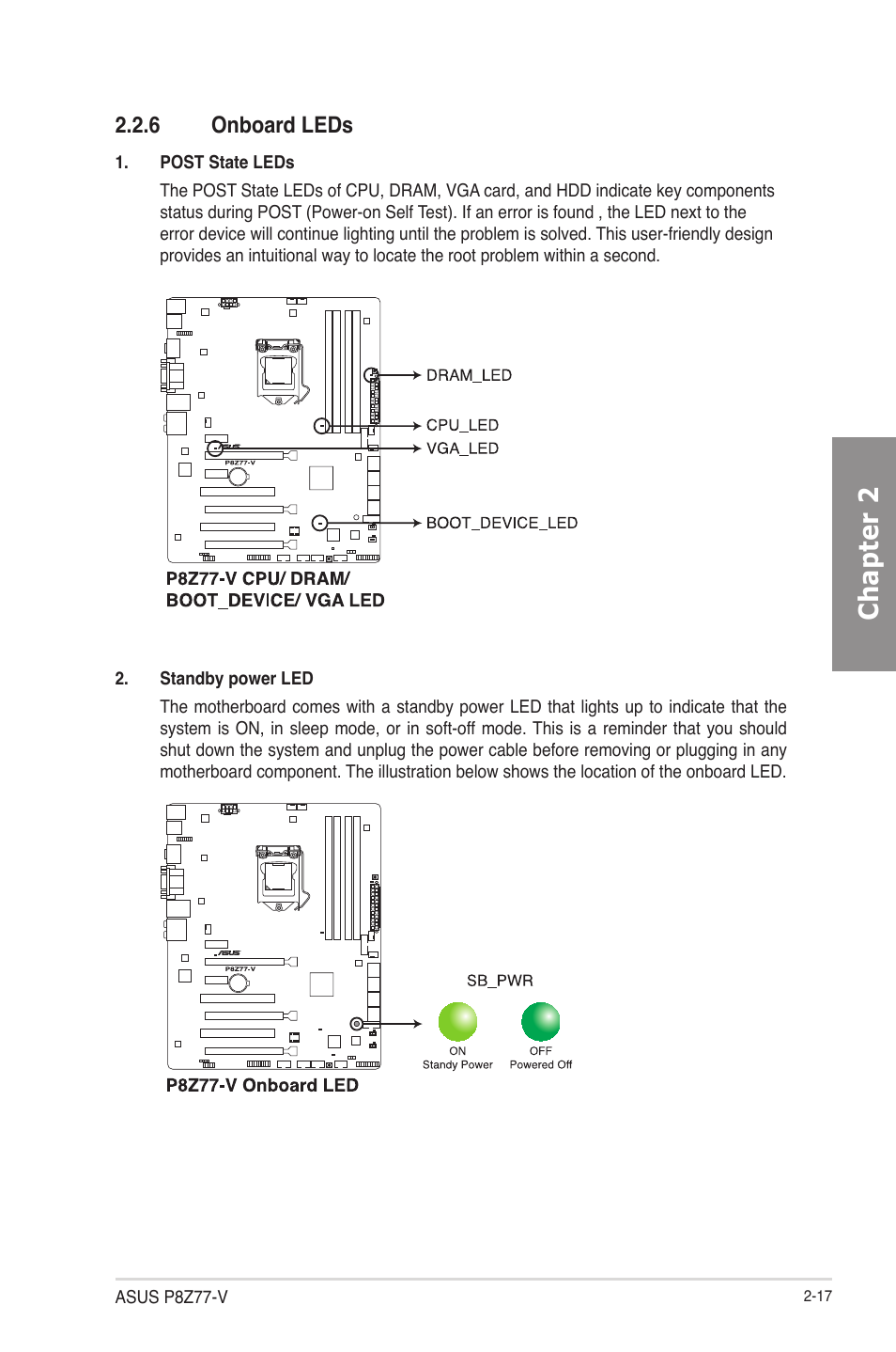 6 onboard leds, Onboard leds -17, Chapter 2 | Asus P8Z77-V User Manual | Page 41 / 174