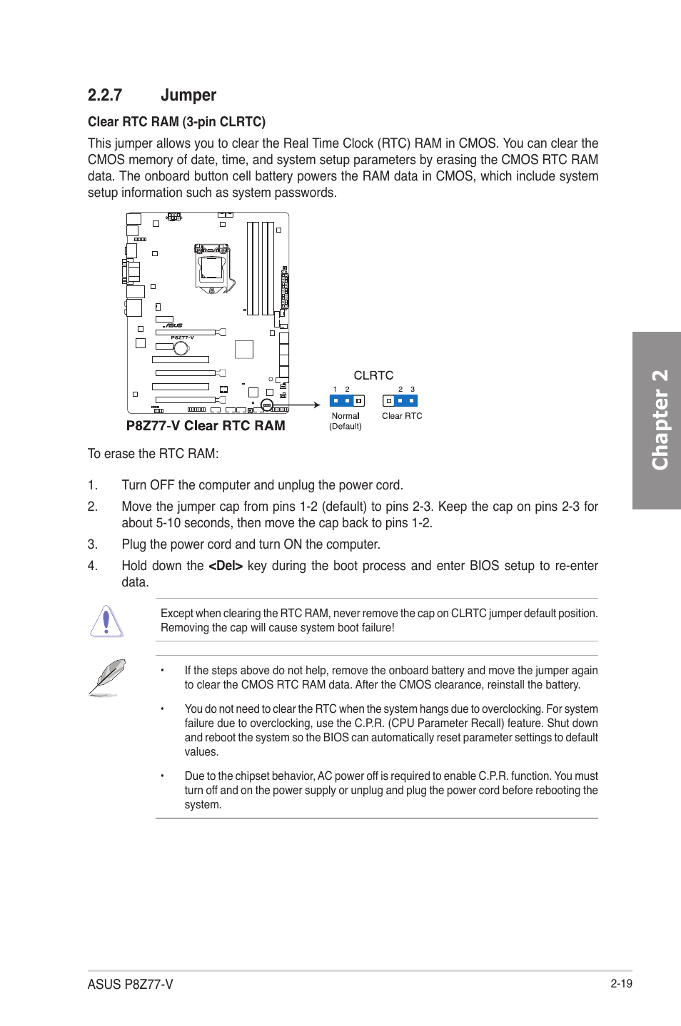 7 jumper, Jumper -19, Chapter 2 | Asus P8Z77-V User Manual | Page 43 / 174