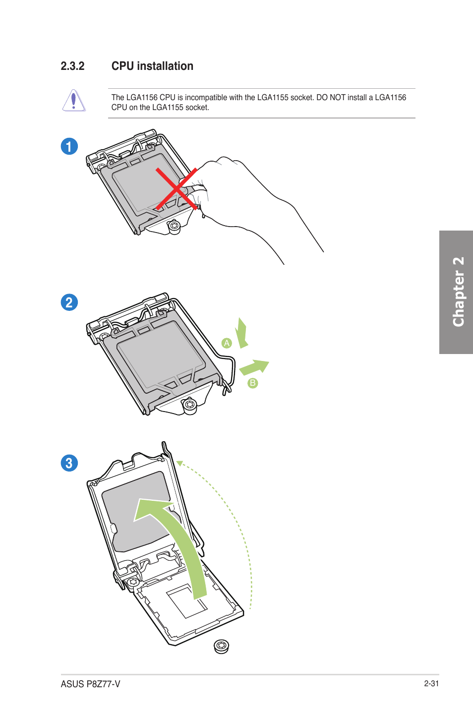 2 cpu installation, Cpu installation -31, Chapter 2 1 2 3 | Asus P8Z77-V User Manual | Page 55 / 174