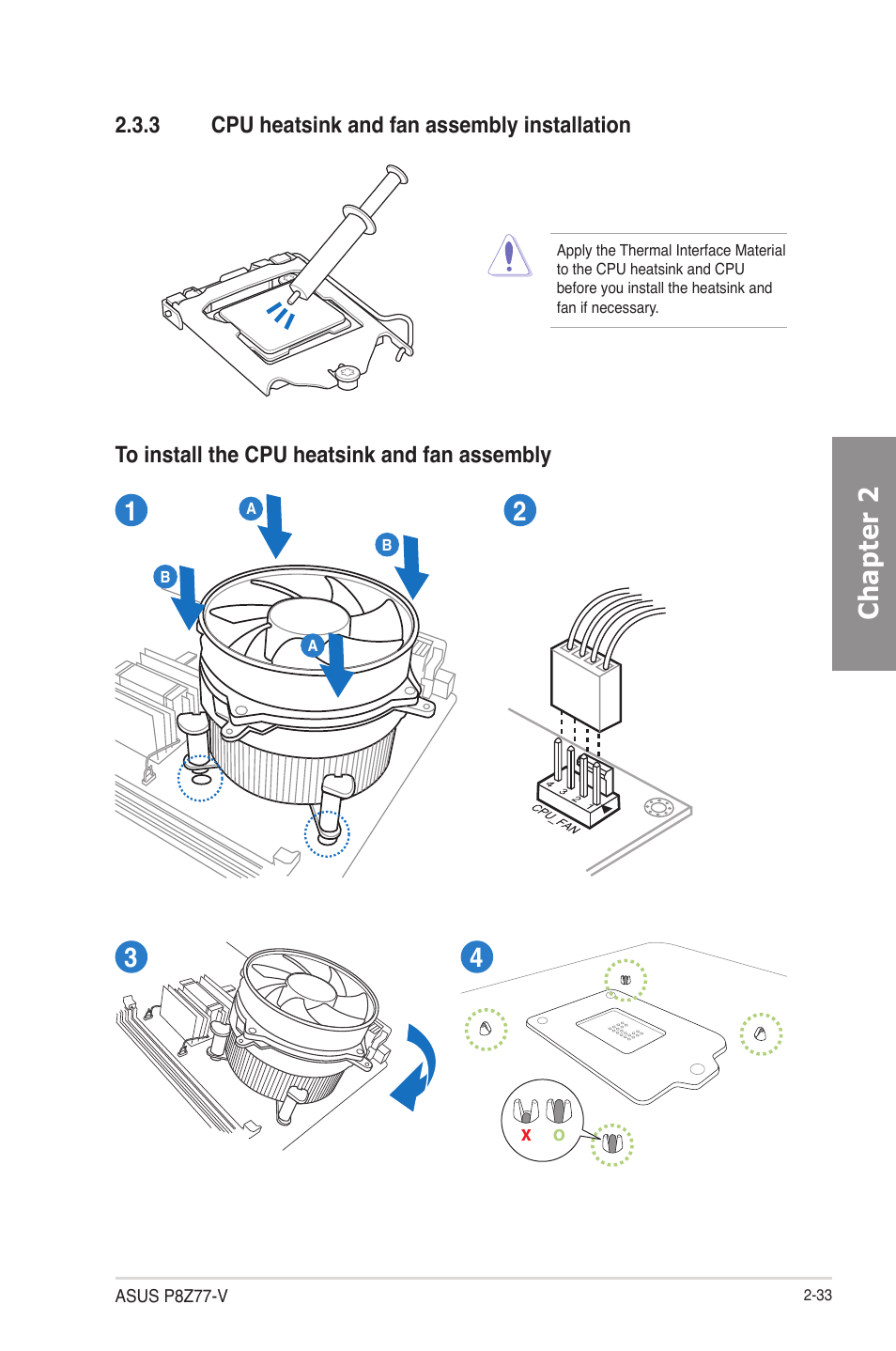 3 cpu heatsink and fan assembly installation, Cpu heatsink and fan assembly installation -33, Chapter 2 | Asus P8Z77-V User Manual | Page 57 / 174