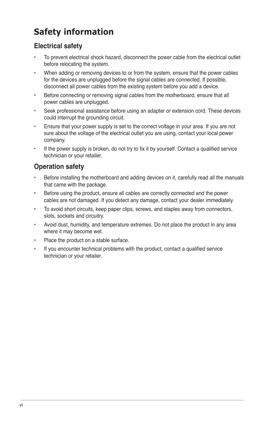 Safety information, Electrical safety, Operation safety | Asus P8Z77-V User Manual | Page 6 / 174