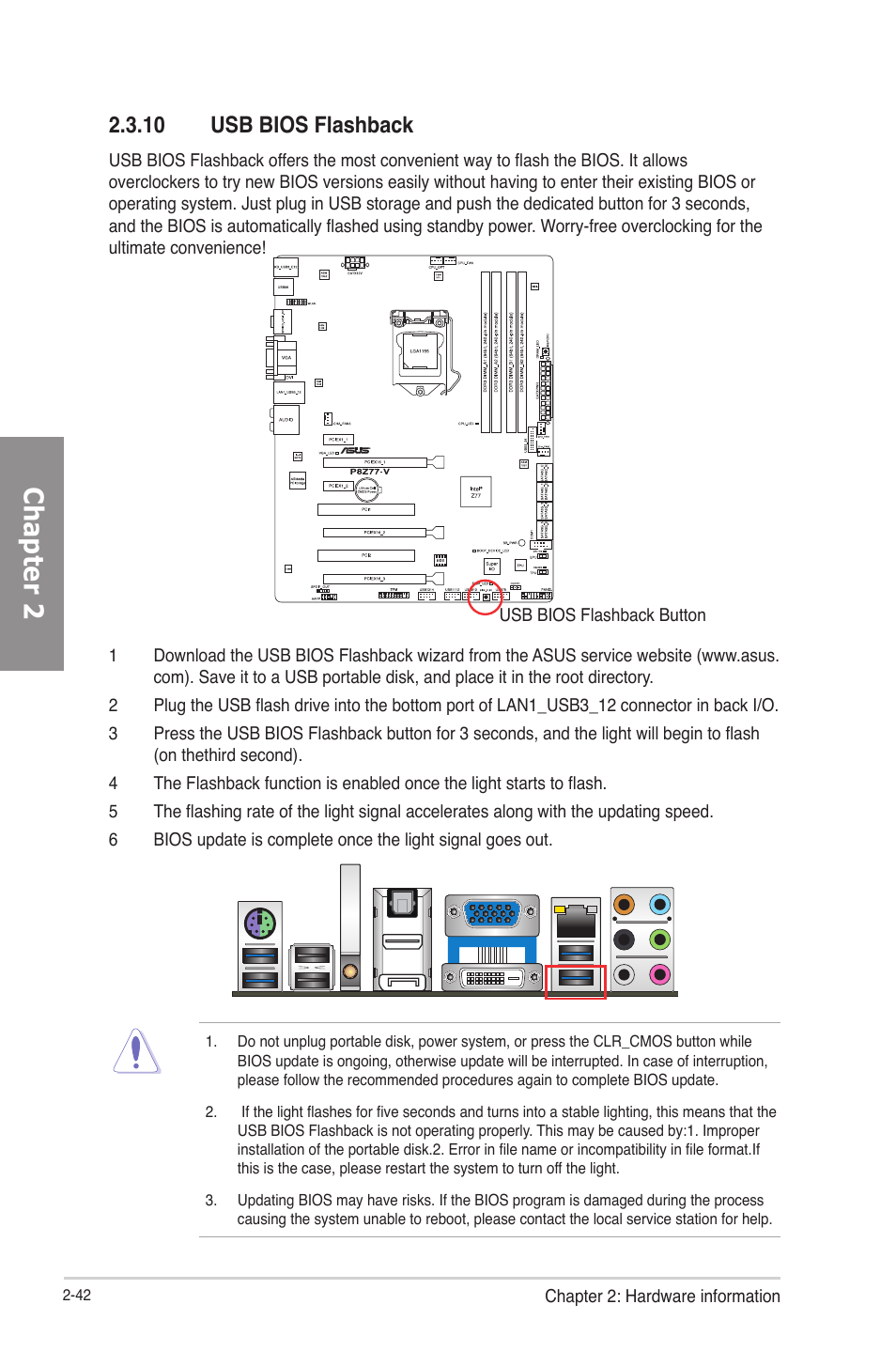 10 usb bios flashback, Usb bios flashback -42, Chapter 2 | Asus P8Z77-V User Manual | Page 66 / 174