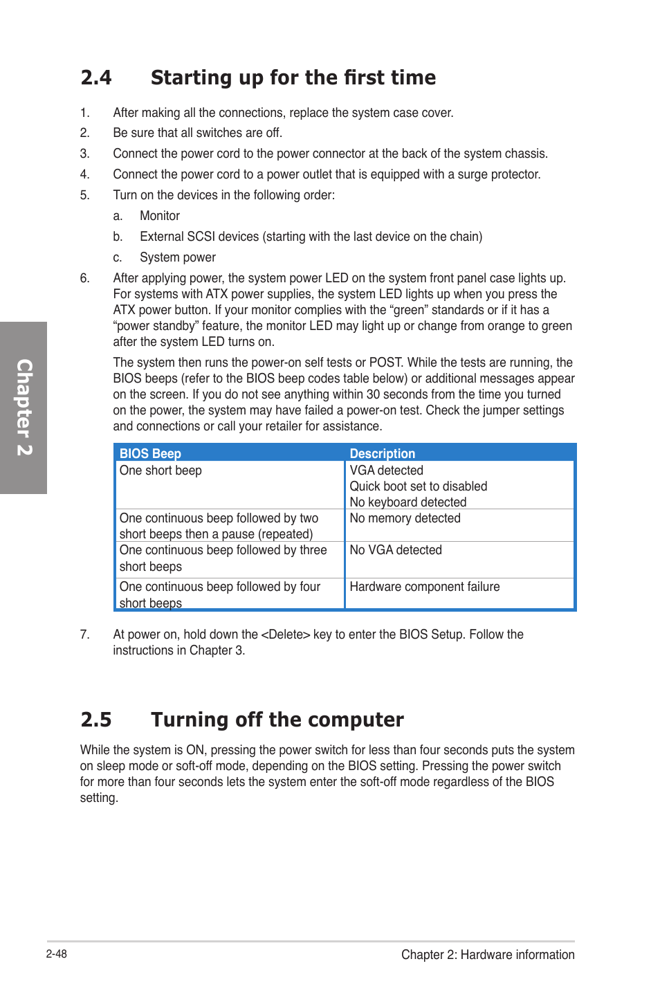 4 starting up for the first time, 5 turning off the computer, Starting up for the first time -48 | Turning off the computer -48, Chapter 2 2.4 starting up for the first time | Asus P8Z77-V User Manual | Page 72 / 174