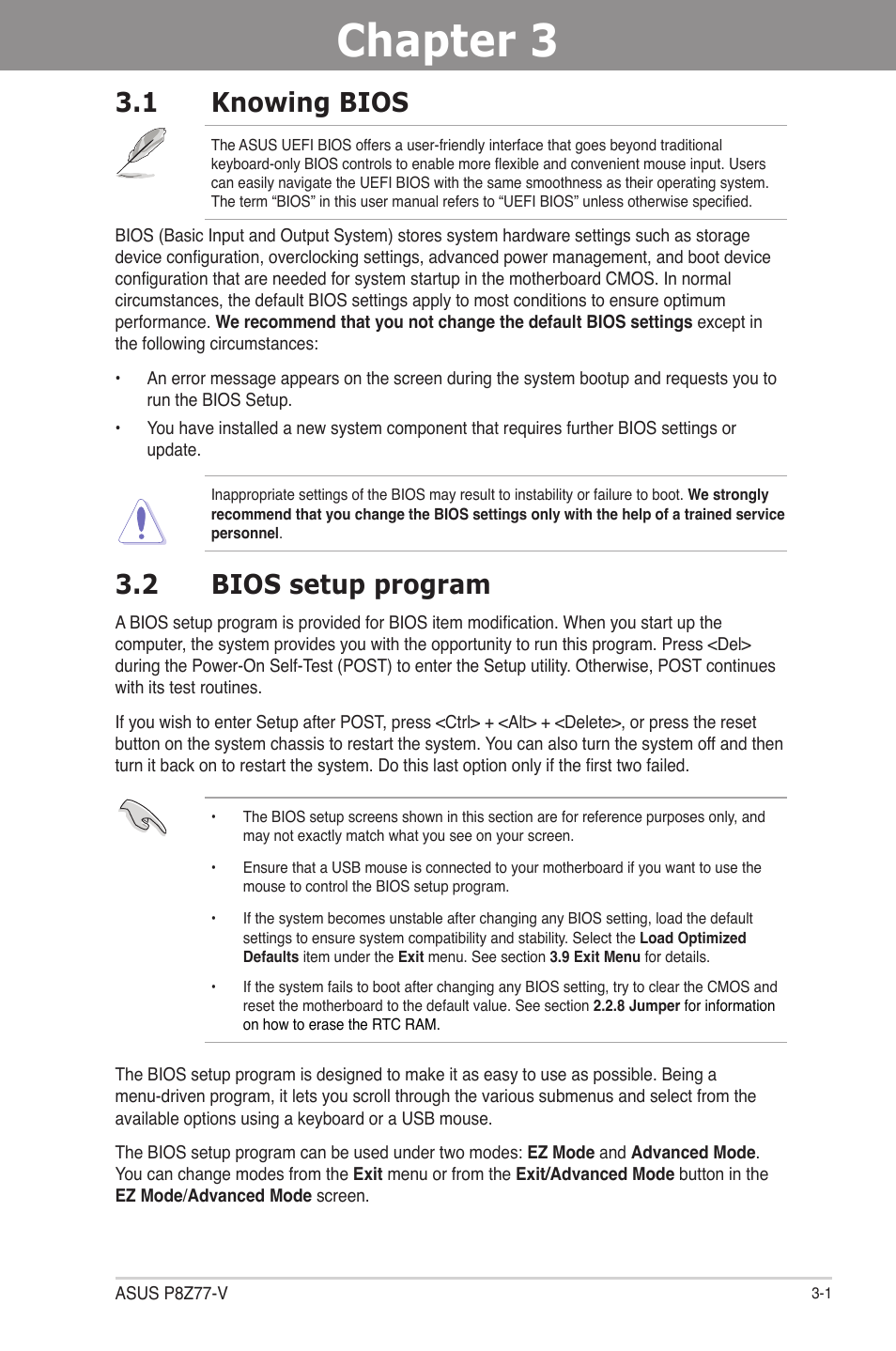 Chapter 3: bios setup, 1 knowing bios, 2 bios setup program | Chapter 3, Bios setup, Knowing bios -1, Bios setup program -1 | Asus P8Z77-V User Manual | Page 73 / 174