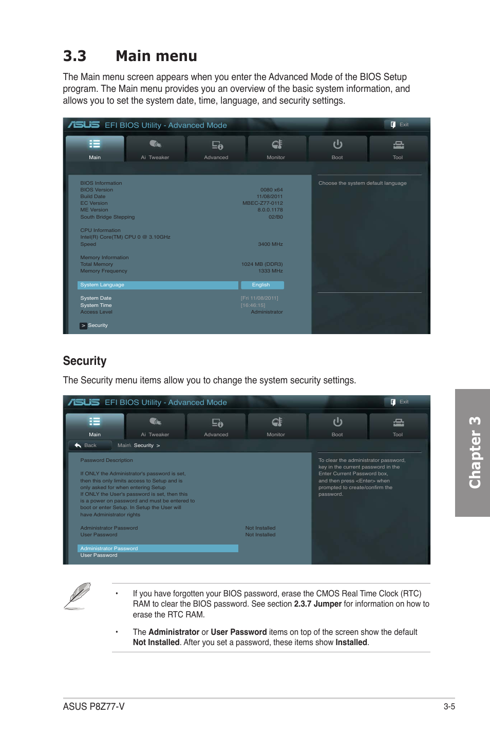 3 main menu, Main menu -5, Chapter 3 3.3 main menu | Security, Asus p8z77-v | Asus P8Z77-V User Manual | Page 77 / 174