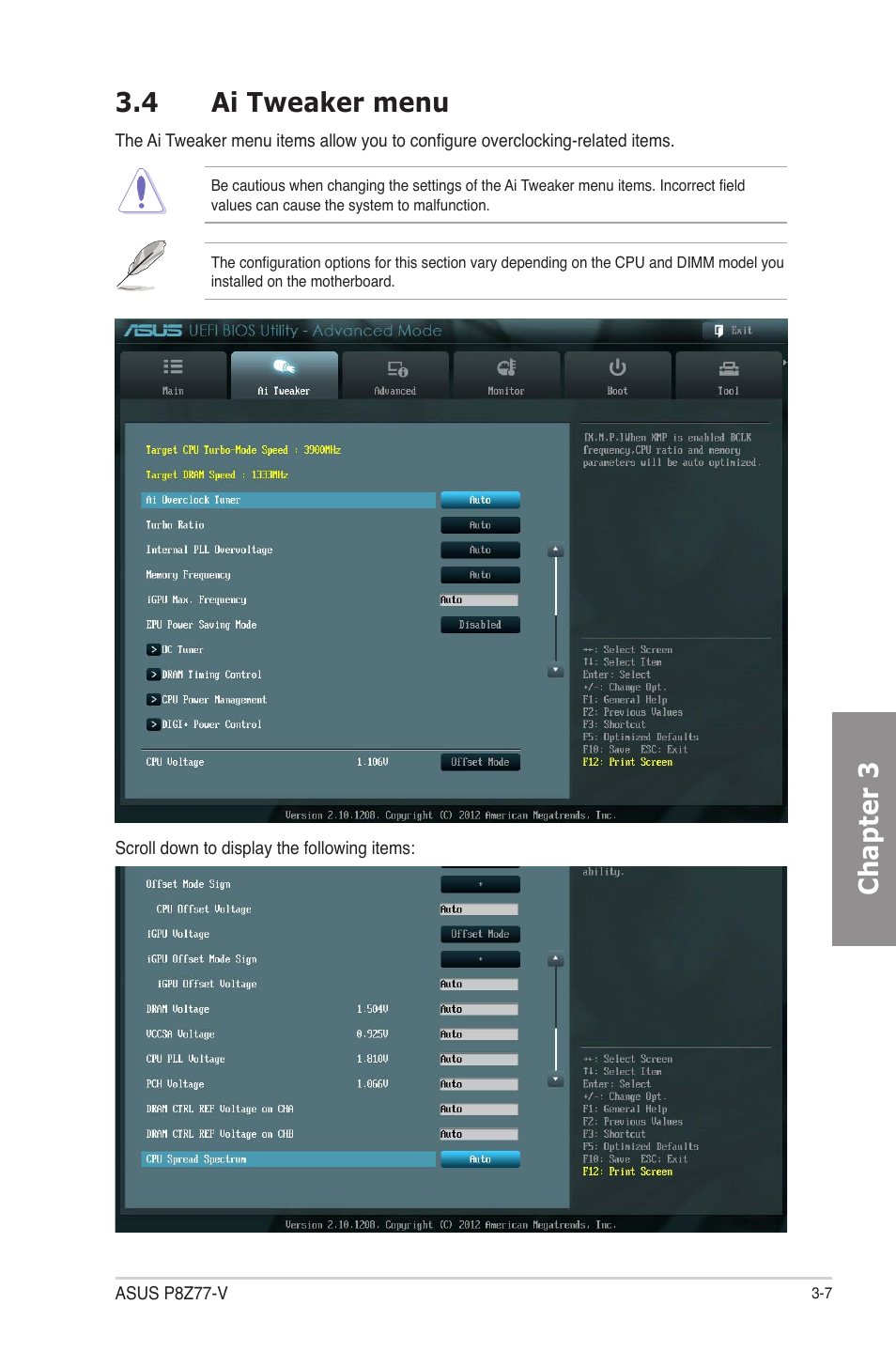 4 ai tweaker menu, Ai tweaker menu -7, Chapter 3 3.4 ai tweaker menu | Asus P8Z77-V User Manual | Page 79 / 174