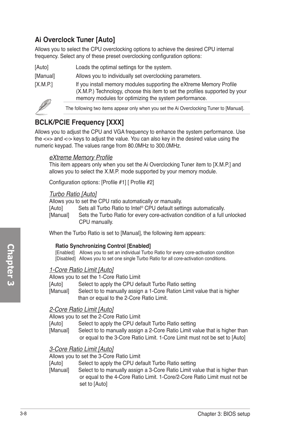 Chapter 3, Ai overclock tuner [auto, Bclk/pcie frequency [xxx | Asus P8Z77-V User Manual | Page 80 / 174