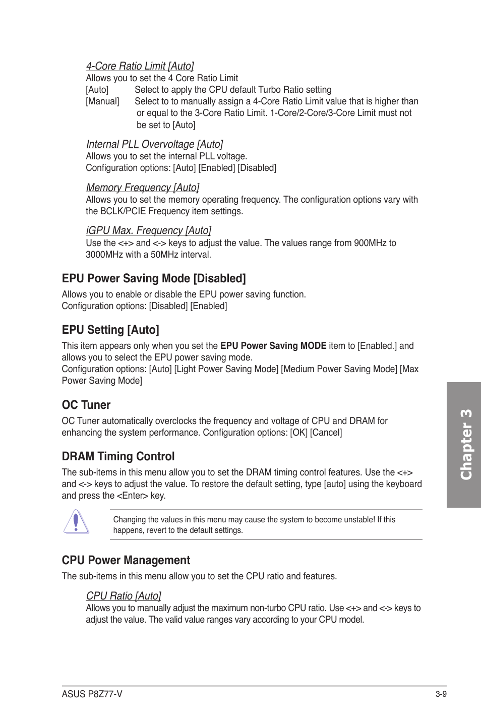 Chapter 3, Epu power saving mode [disabled, Epu setting [auto | Oc tuner, Dram timing control, Cpu power management | Asus P8Z77-V User Manual | Page 81 / 174