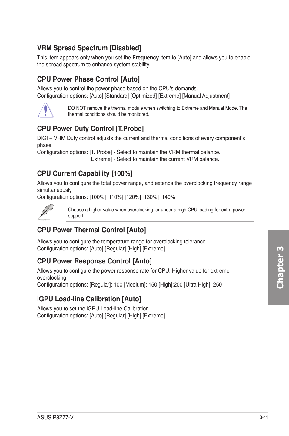 Chapter 3, Vrm spread spectrum [disabled, Cpu power phase control [auto | Cpu power duty control [t.probe, Cpu current capability [100, Cpu power thermal control [auto, Cpu power response control [auto, Igpu load-line calibration [auto | Asus P8Z77-V User Manual | Page 83 / 174