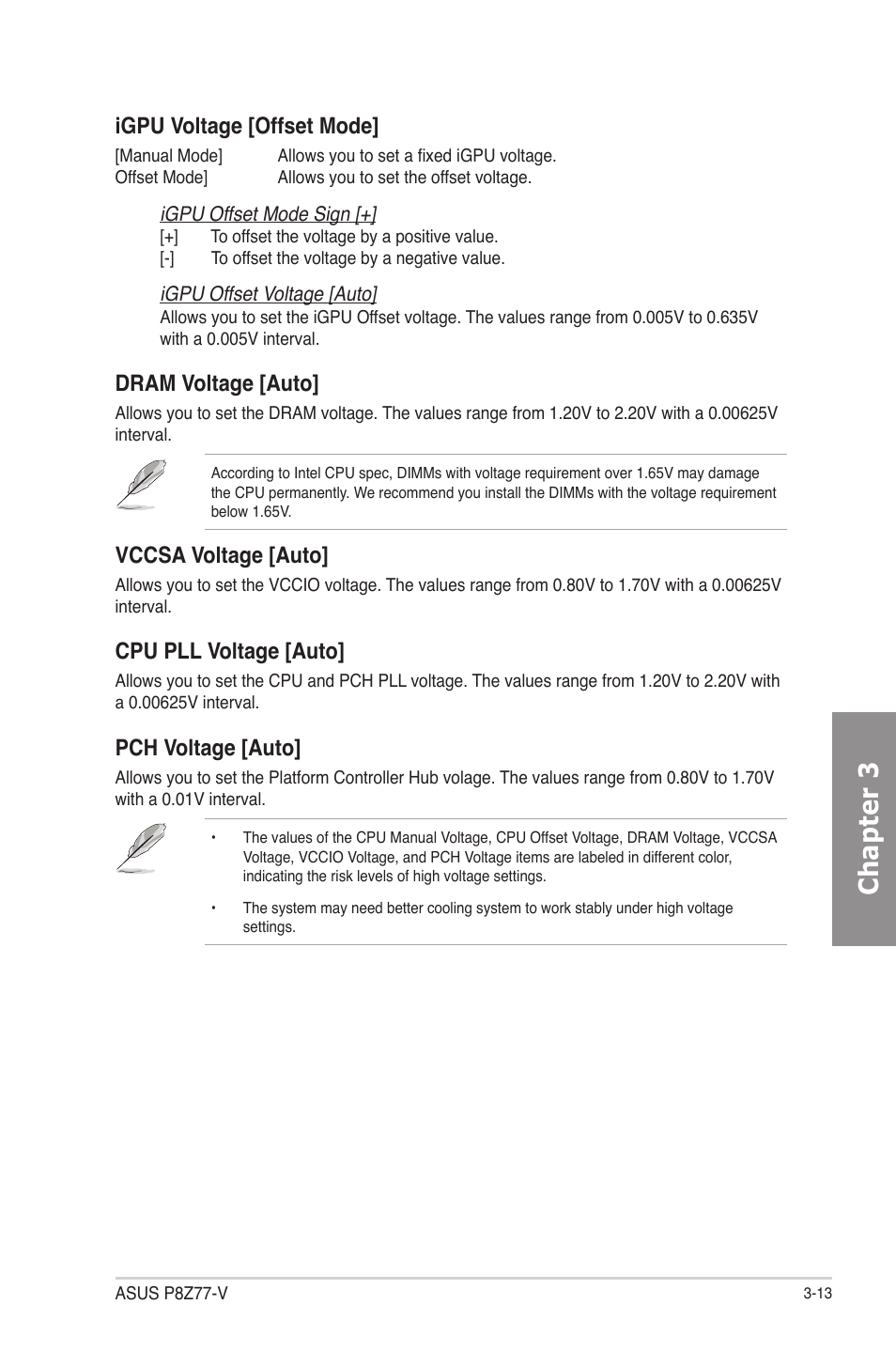 Chapter 3, Igpu voltage [offset mode, Dram voltage [auto | Vccsa voltage [auto, Cpu pll voltage [auto, Pch voltage [auto | Asus P8Z77-V User Manual | Page 85 / 174