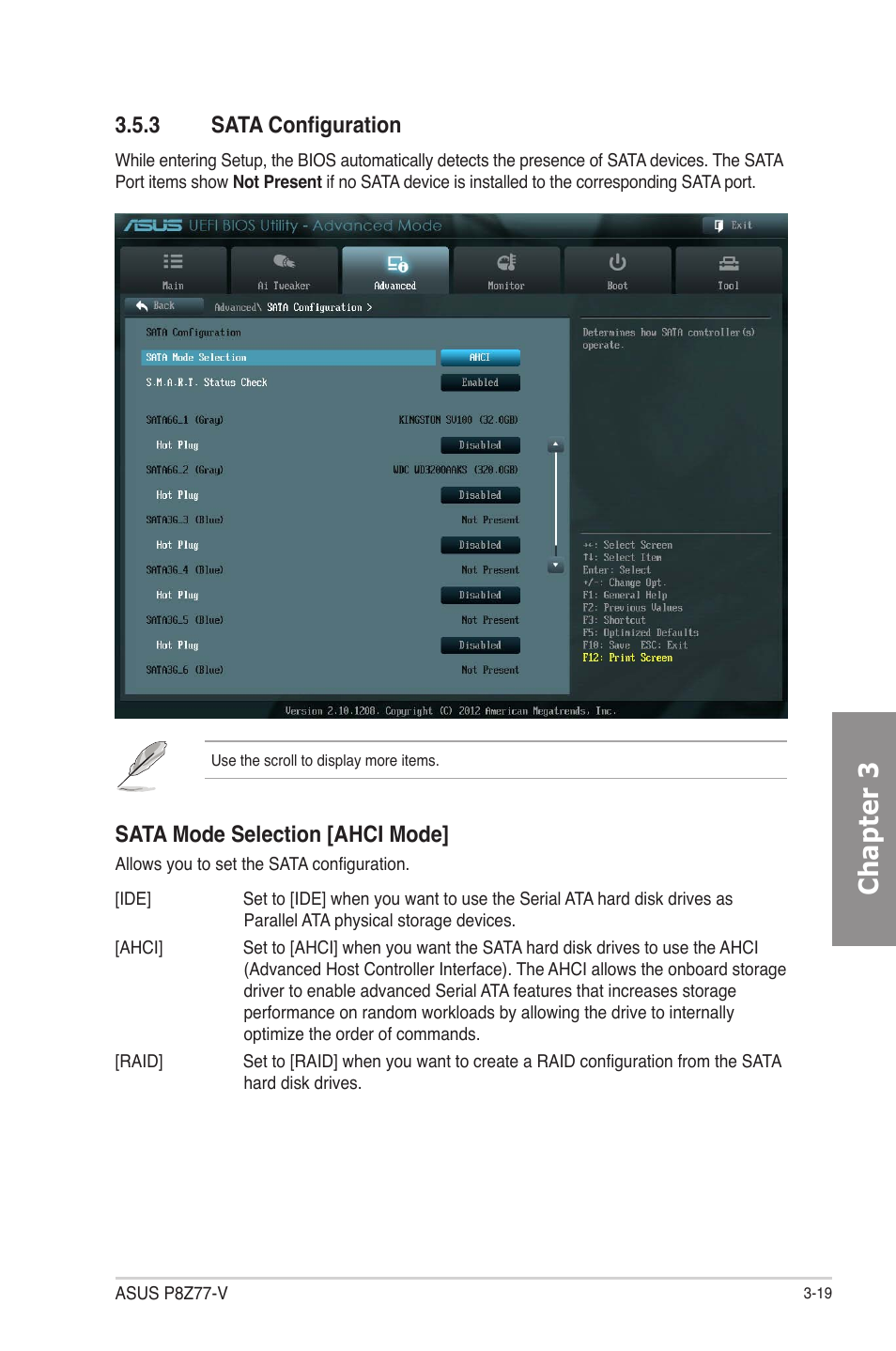 3 sata configuration, Sata configuration -19, Chapter 3 | Sata mode selection [ahci mode | Asus P8Z77-V User Manual | Page 91 / 174