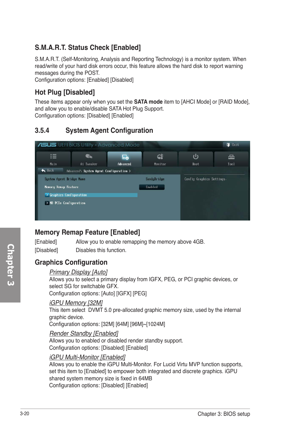 4 system agent configuration, System agent configuration -20, Chapter 3 | S.m.a.r.t. status check [enabled, Hot plug [disabled, Graphics configuration | Asus P8Z77-V User Manual | Page 92 / 174