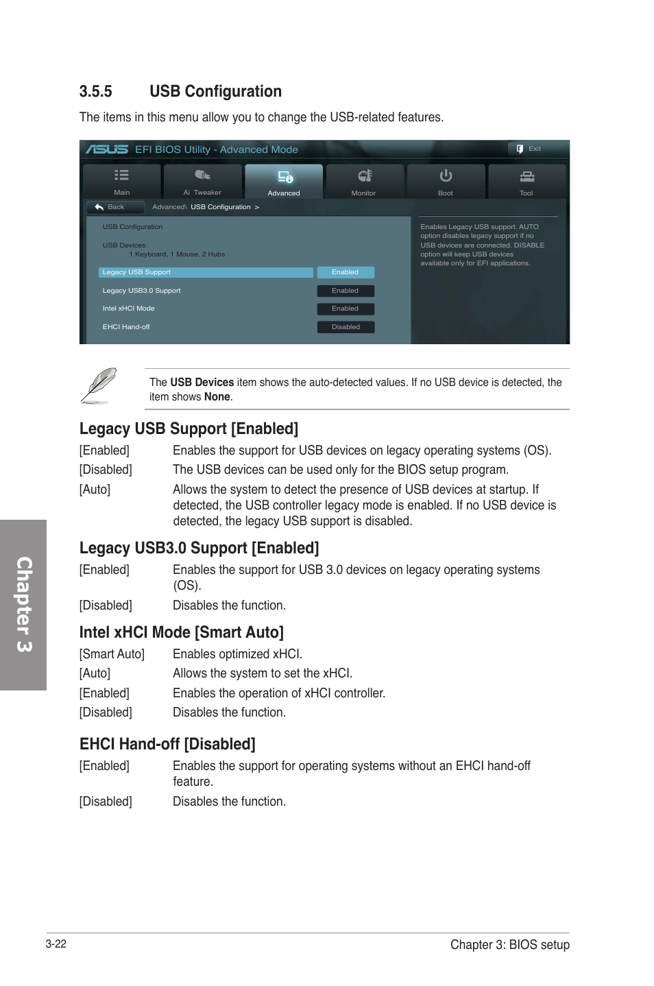 5 usb configuration, Usb configuration -22, Chapter 3 | Legacy usb support [enabled, Legacy usb3.0 support [enabled, Intel xhci mode [smart auto, Ehci hand-off [disabled, Chapter 3: bios setup | Asus P8Z77-V User Manual | Page 94 / 174