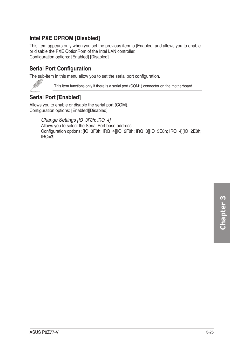 Chapter 3, Intel pxe oprom [disabled, Serial port configuration | Serial port [enabled | Asus P8Z77-V User Manual | Page 97 / 174