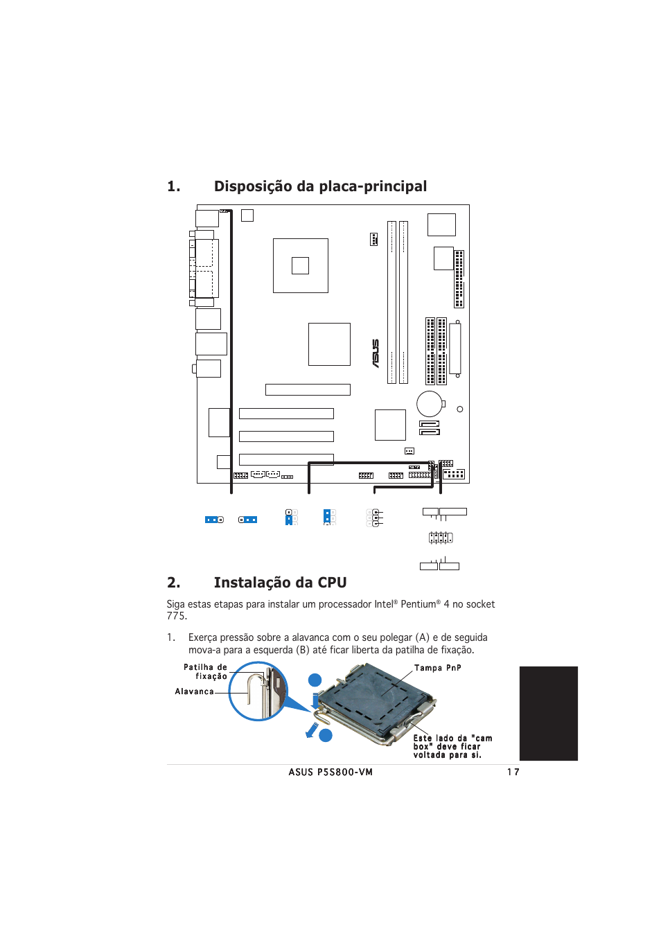 Instalação da cpu, Disposição da placa-principal, Portugu ê s | Pentium | Asus P5S800-VM User Manual | Page 17 / 20