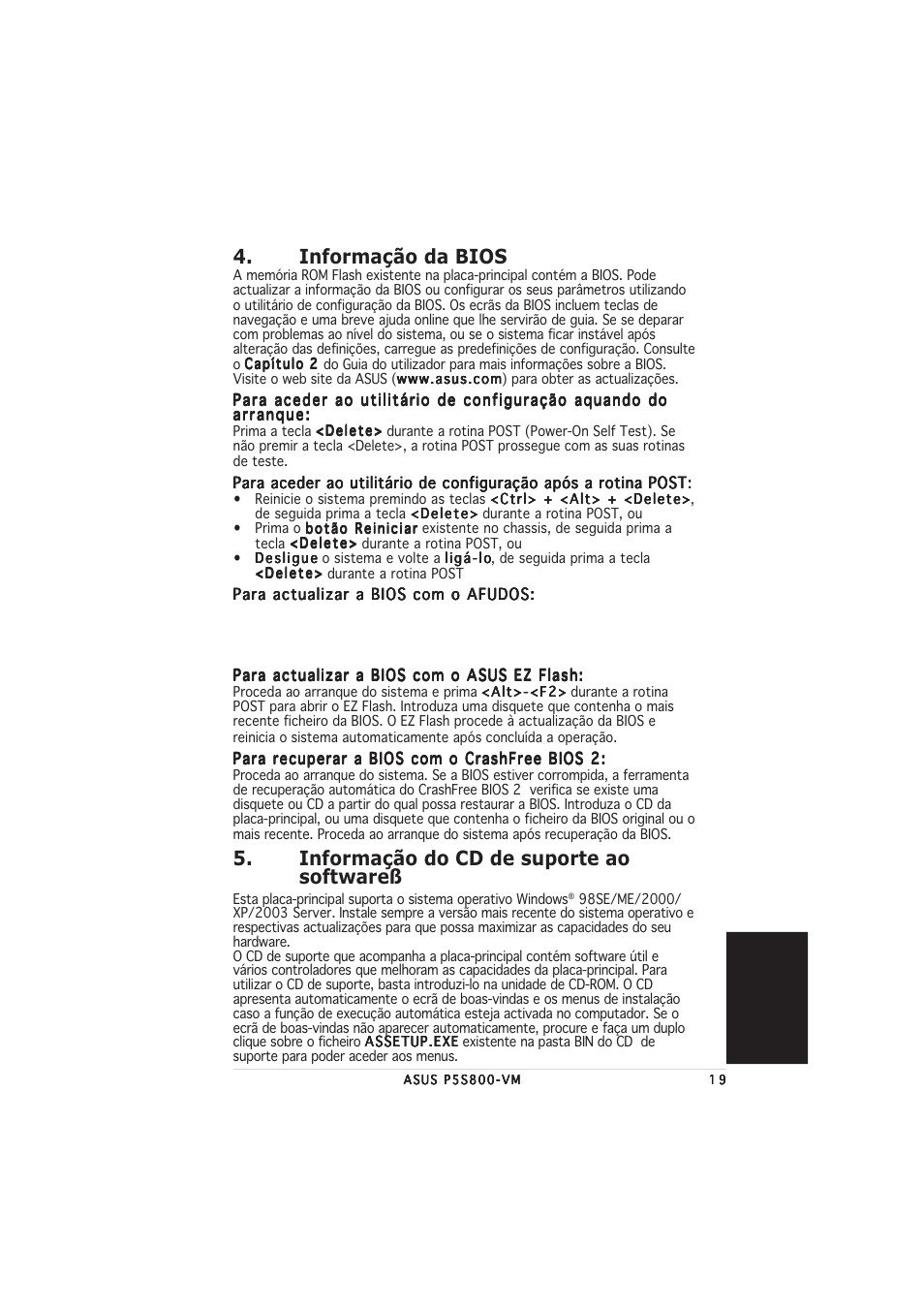 Informação da bios, Informação do cd de suporte ao softwareß | Asus P5S800-VM User Manual | Page 19 / 20