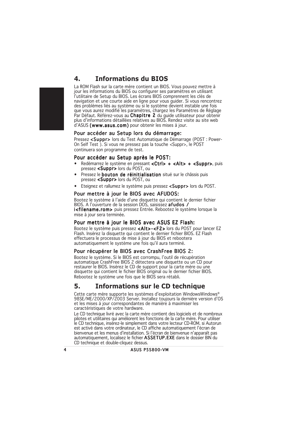 Informations du bios, Informations sur le cd technique | Asus P5S800-VM User Manual | Page 4 / 20