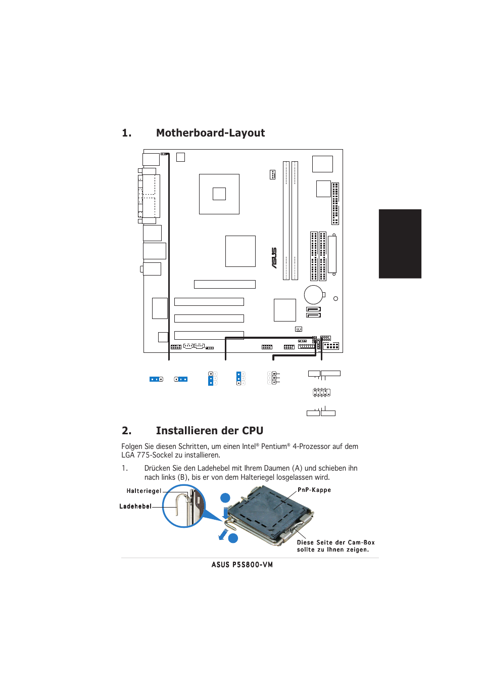 Installieren der cpu, Motherboard-layout, Deutsch | Folgen sie diesen schritten, um einen intel, Pentium | Asus P5S800-VM User Manual | Page 5 / 20