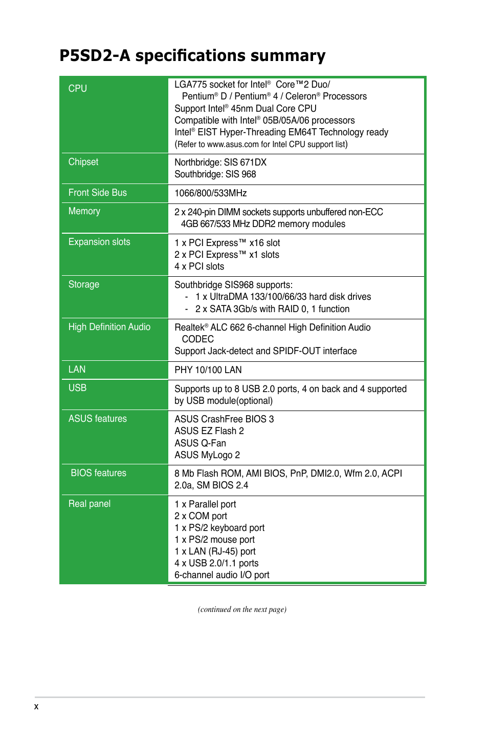 P5sd2-a specifications summary | Asus P5SD2-A User Manual | Page 10 / 96