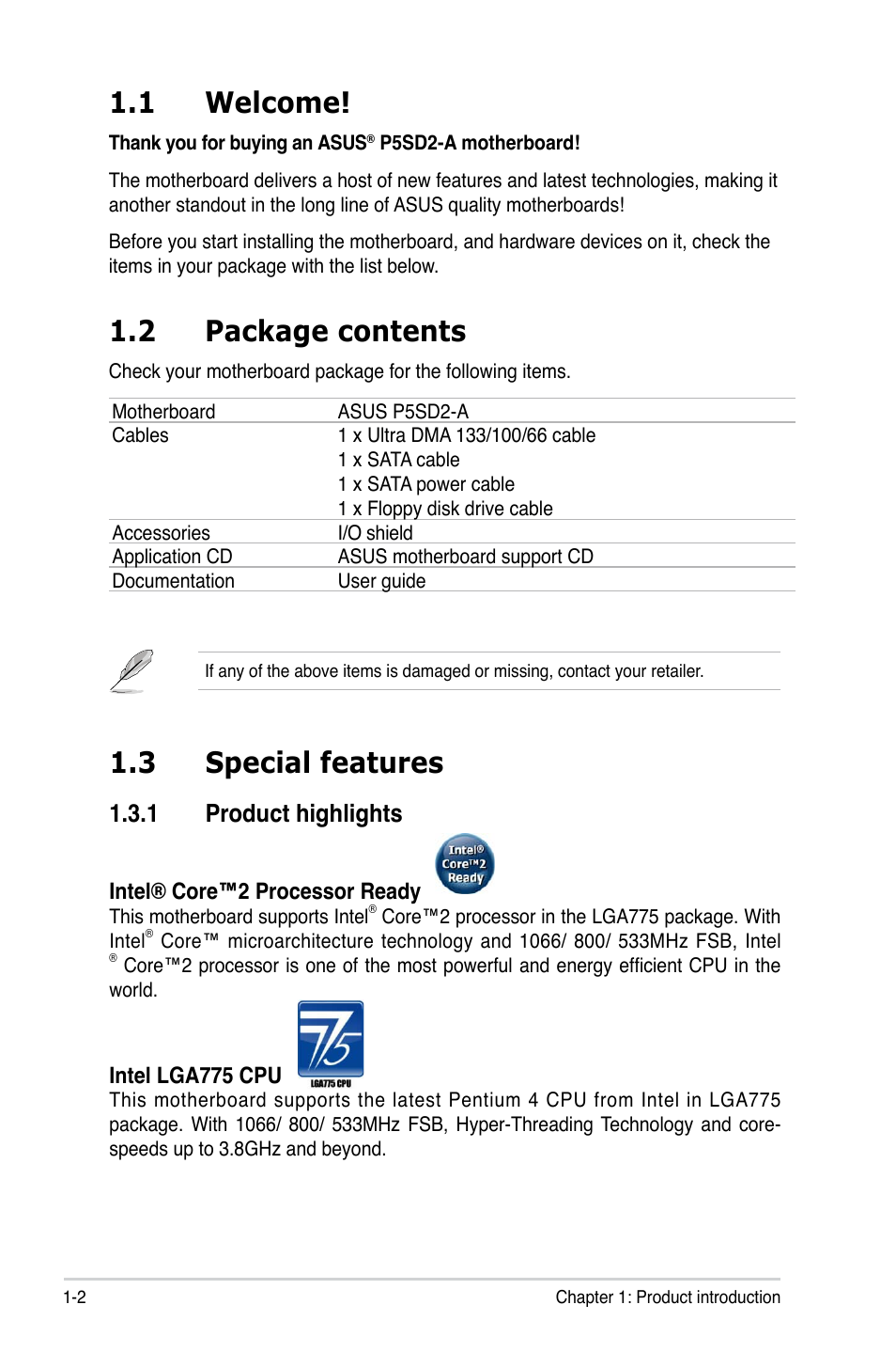 1 welcome, 2 package contents, 3 special features | 1 product highlights | Asus P5SD2-A User Manual | Page 14 / 96