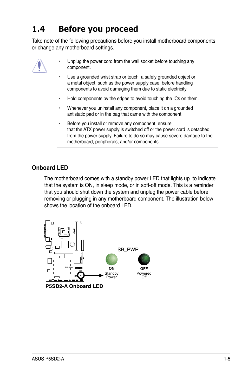 4 before you proceed, Onboard led | Asus P5SD2-A User Manual | Page 17 / 96