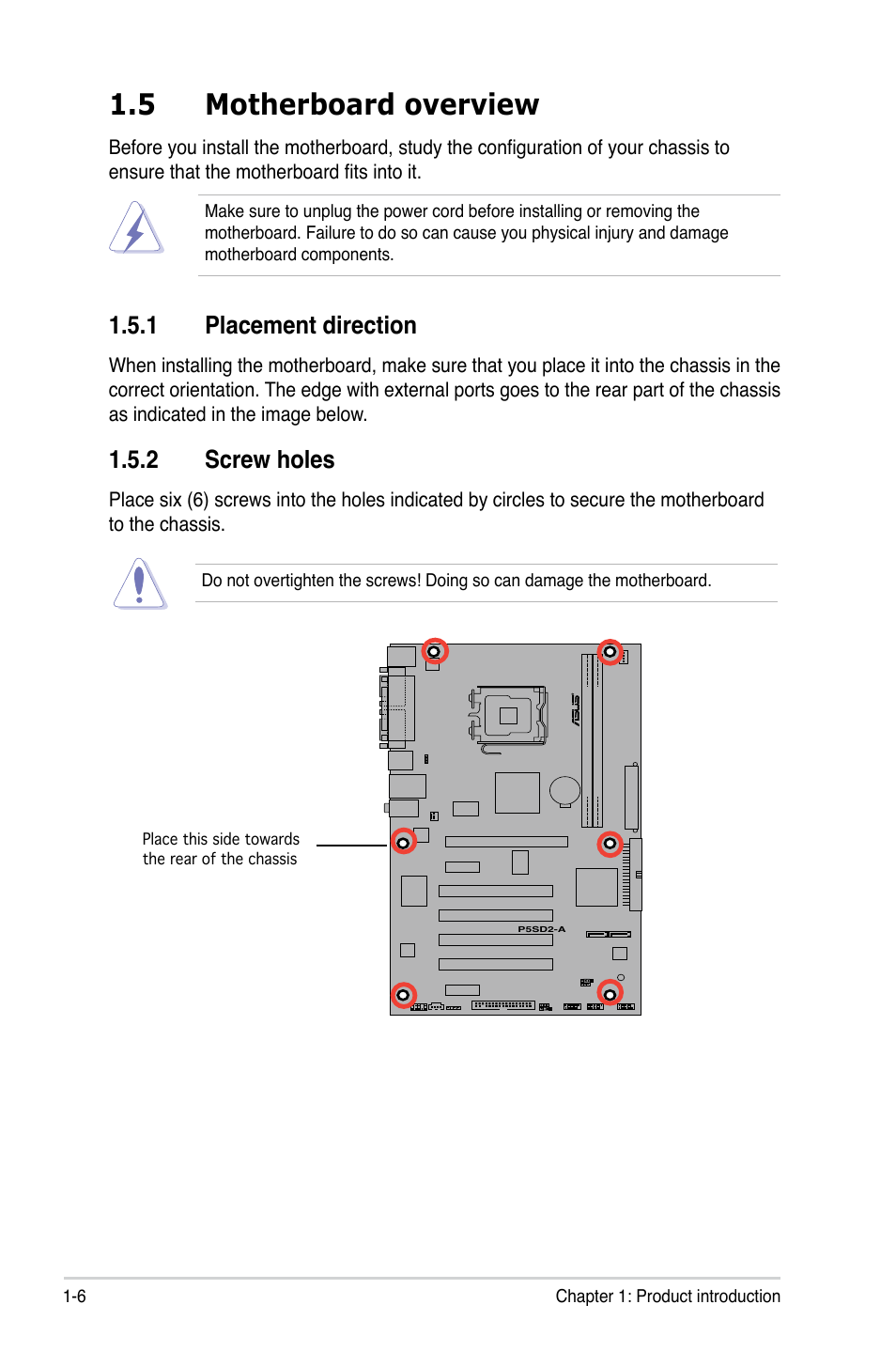 5 motherboard overview, 1 placement direction, 2 screw holes | Asus P5SD2-A User Manual | Page 18 / 96