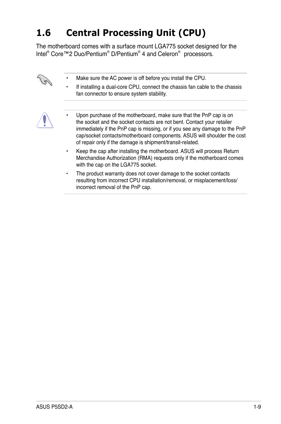 6 central processing unit (cpu) | Asus P5SD2-A User Manual | Page 21 / 96