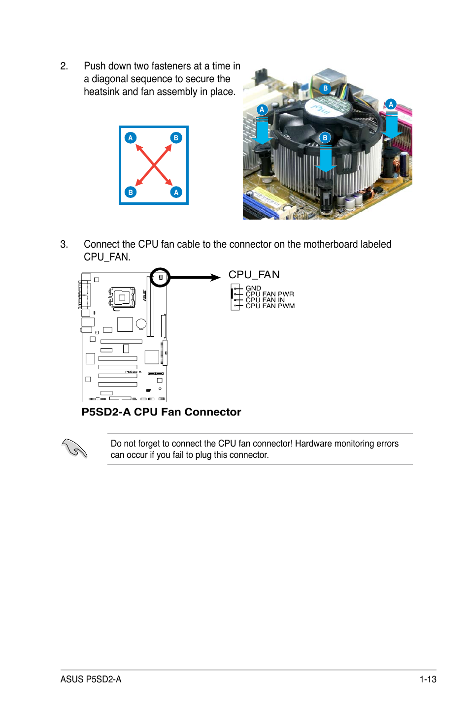 P5sd2-a cpu fan connector cpu_fan | Asus P5SD2-A User Manual | Page 25 / 96
