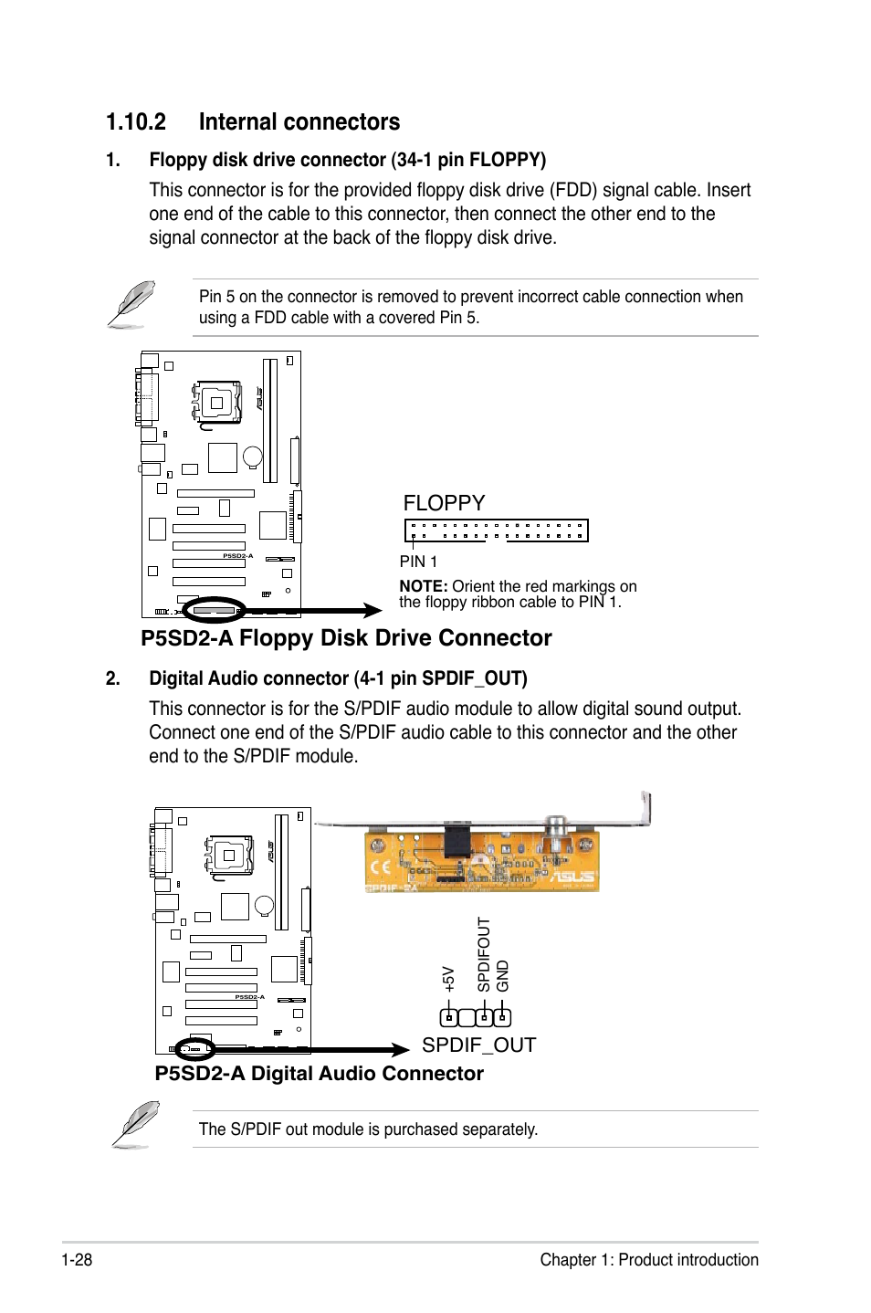 2 internal connectors, Floppy disk drive connector, P5sd2-a | Floppy | Asus P5SD2-A User Manual | Page 40 / 96