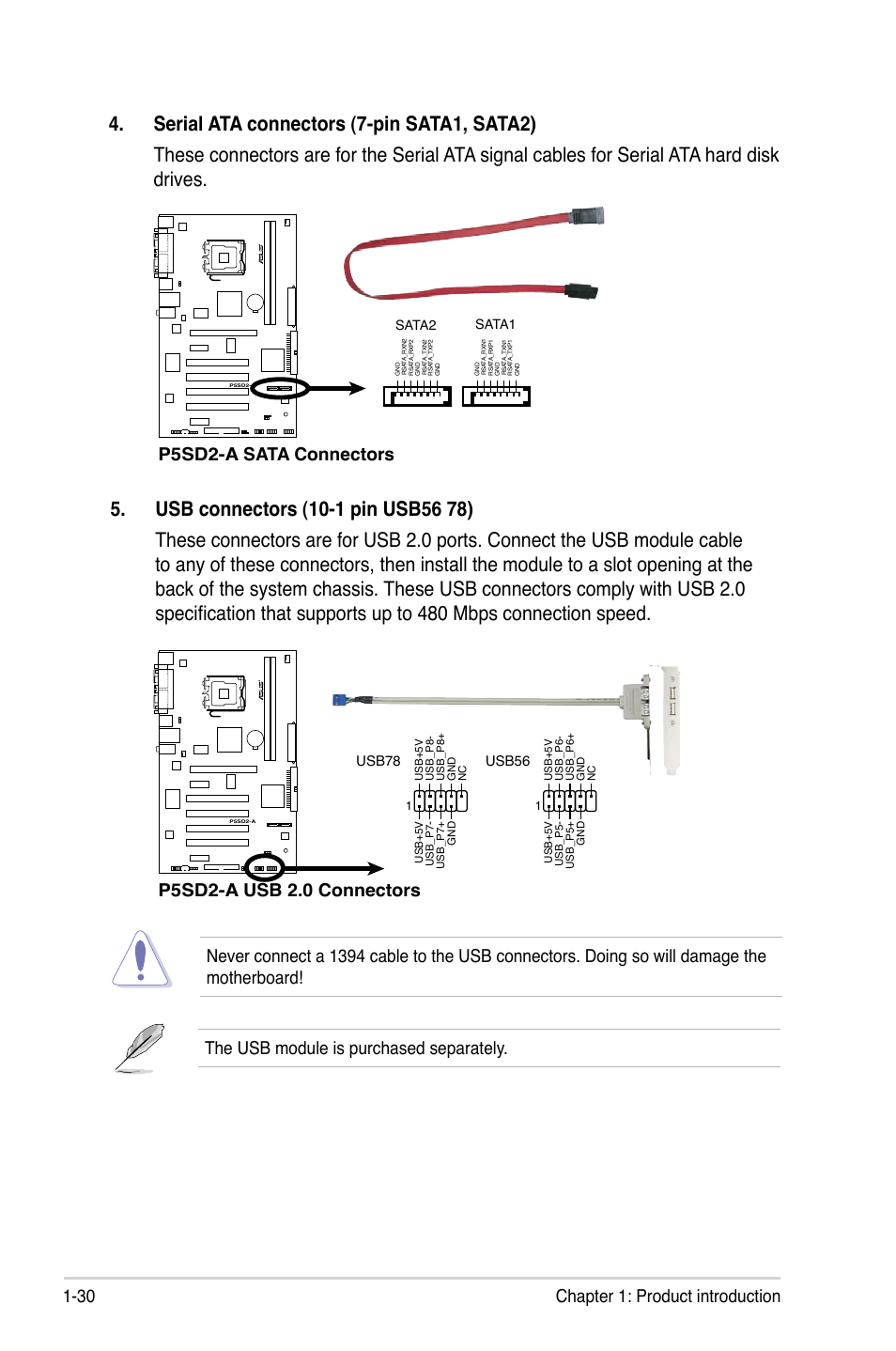 30 chapter 1: product introduction, P5sd2-a sata connectors, P5sd2-a usb 2.0 connectors | The usb module is purchased separately, Usb78, Usb56, Sata1 sata2 | Asus P5SD2-A User Manual | Page 42 / 96