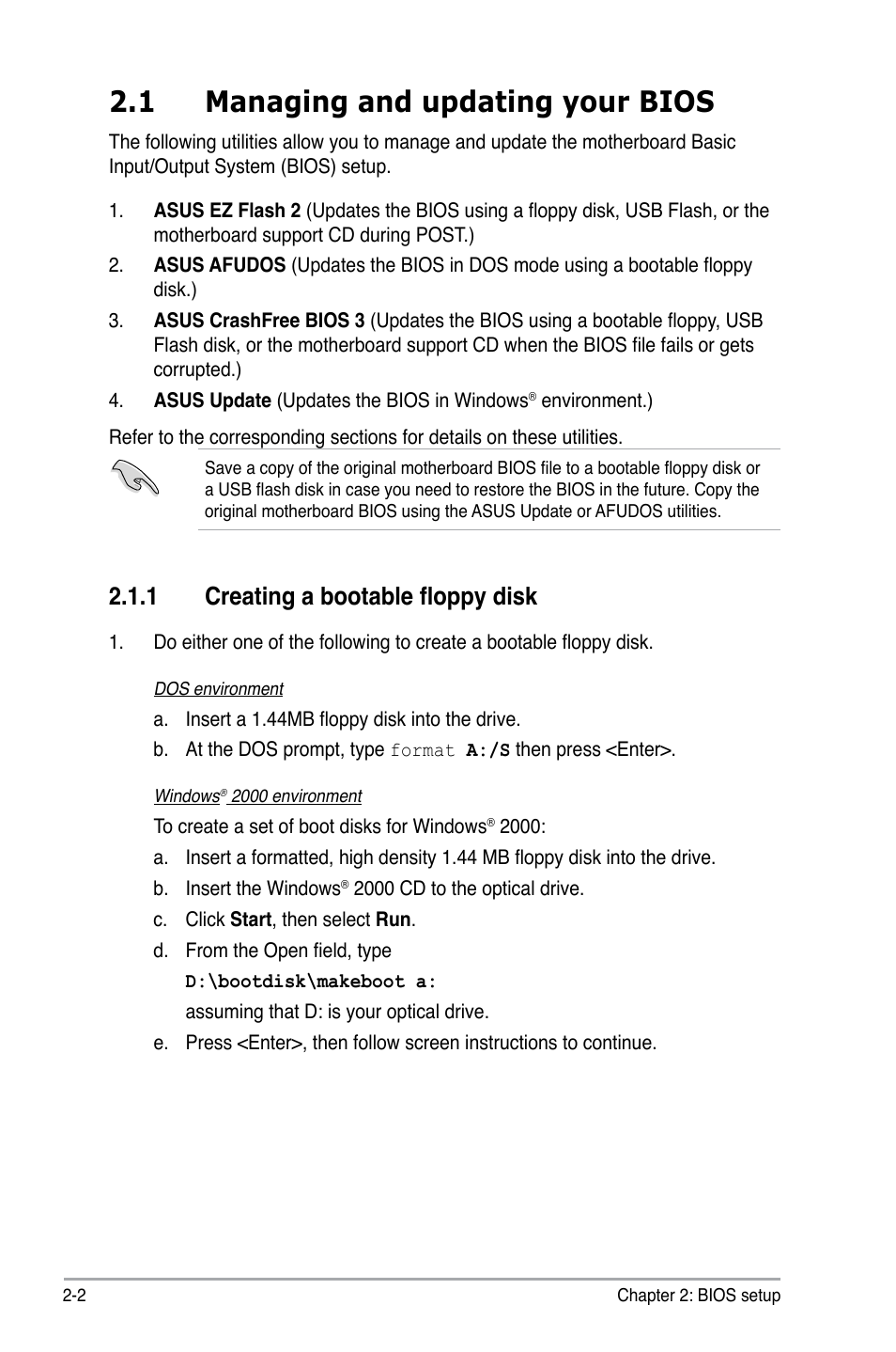 1 managing and updating your bios, 1 creating a bootable floppy disk | Asus P5SD2-A User Manual | Page 50 / 96