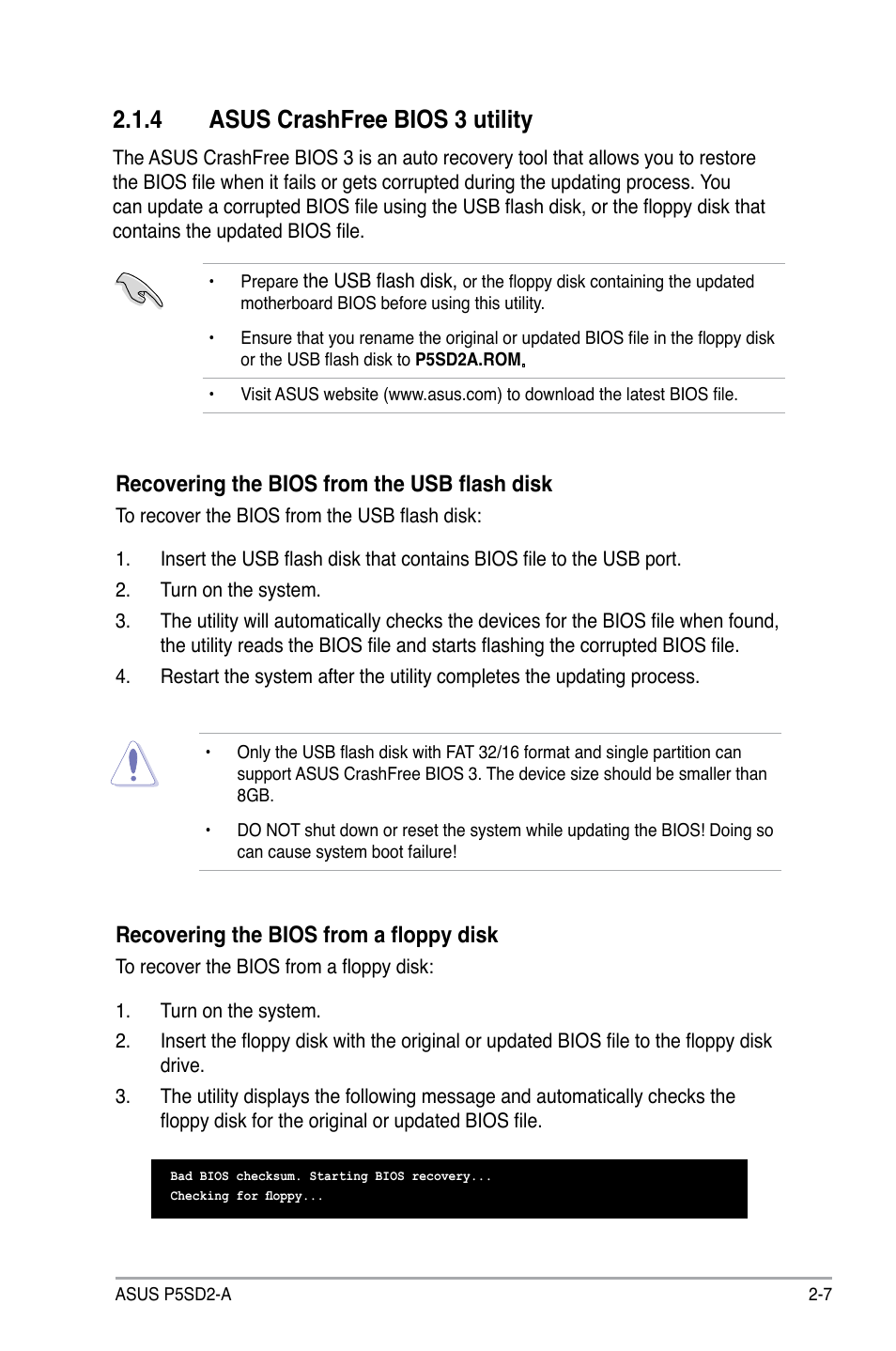 4 asus crashfree bios 3 utility, Recovering the bios from the usb flash disk, Recovering the bios from a floppy disk | Asus P5SD2-A User Manual | Page 55 / 96