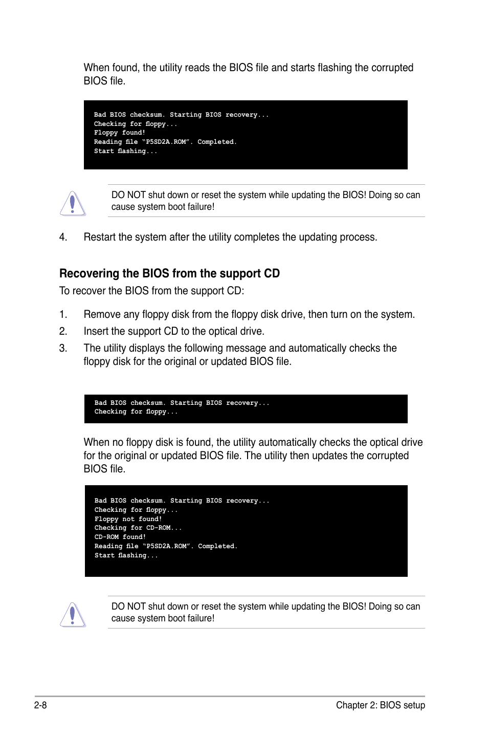 Recovering the bios from the support cd | Asus P5SD2-A User Manual | Page 56 / 96