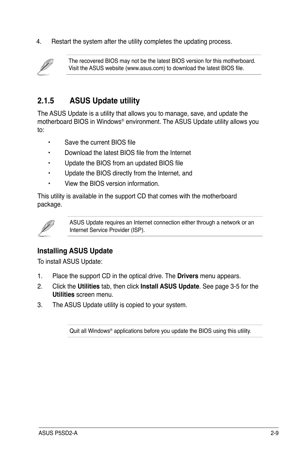 5 asus update utility, Installing asus update | Asus P5SD2-A User Manual | Page 57 / 96