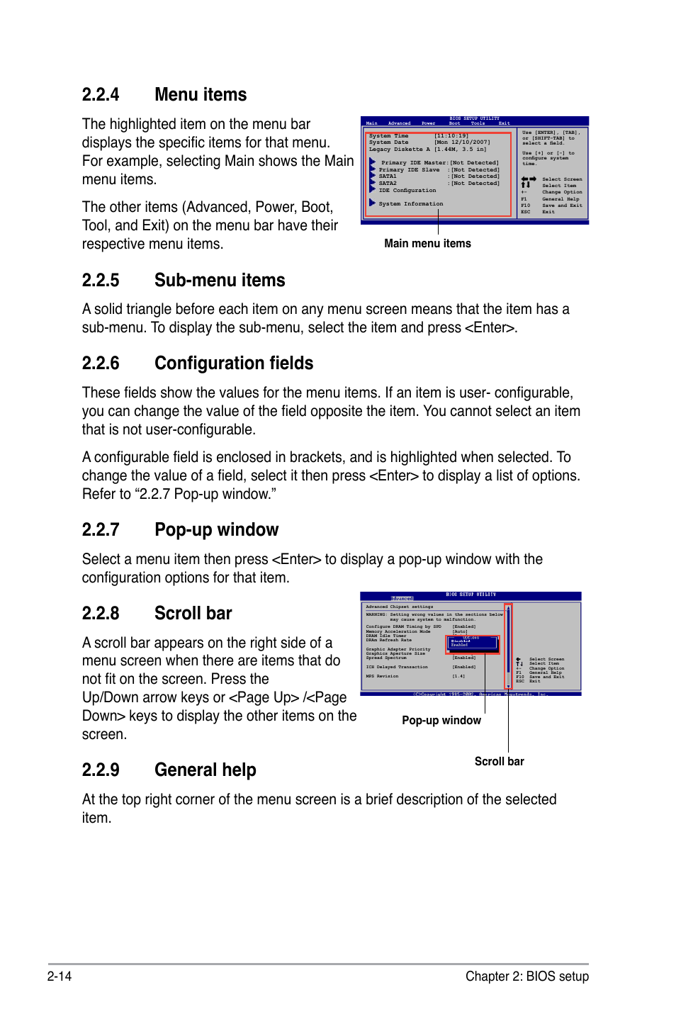 4 menu items, 5 sub-menu items, 6 configuration fields | 7 pop-up window, 8 scroll bar, 9 general help, 14 chapter 2: bios setup | Asus P5SD2-A User Manual | Page 62 / 96